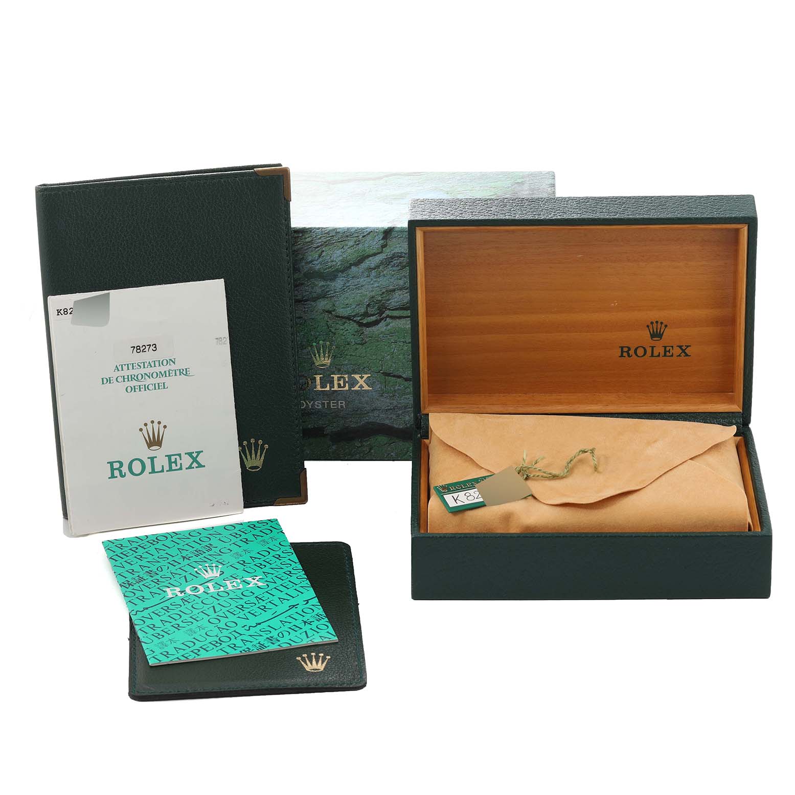 The image shows the box, certificates, and packaging material for a Rolex Mid-Size 78273 Women
s Steel and Gold (two tone) Champagne Dial 78273 Women
s Steel and Gold (two tone) Champagne Dial model watch from various angles.