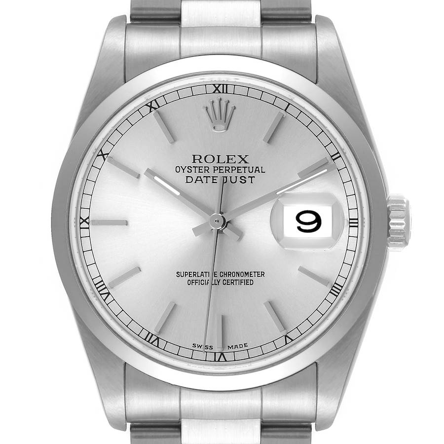 This image shows a front view of a Rolex Datejust watch, featuring the dial, hands, bracelet, and cyclops lens over the date.