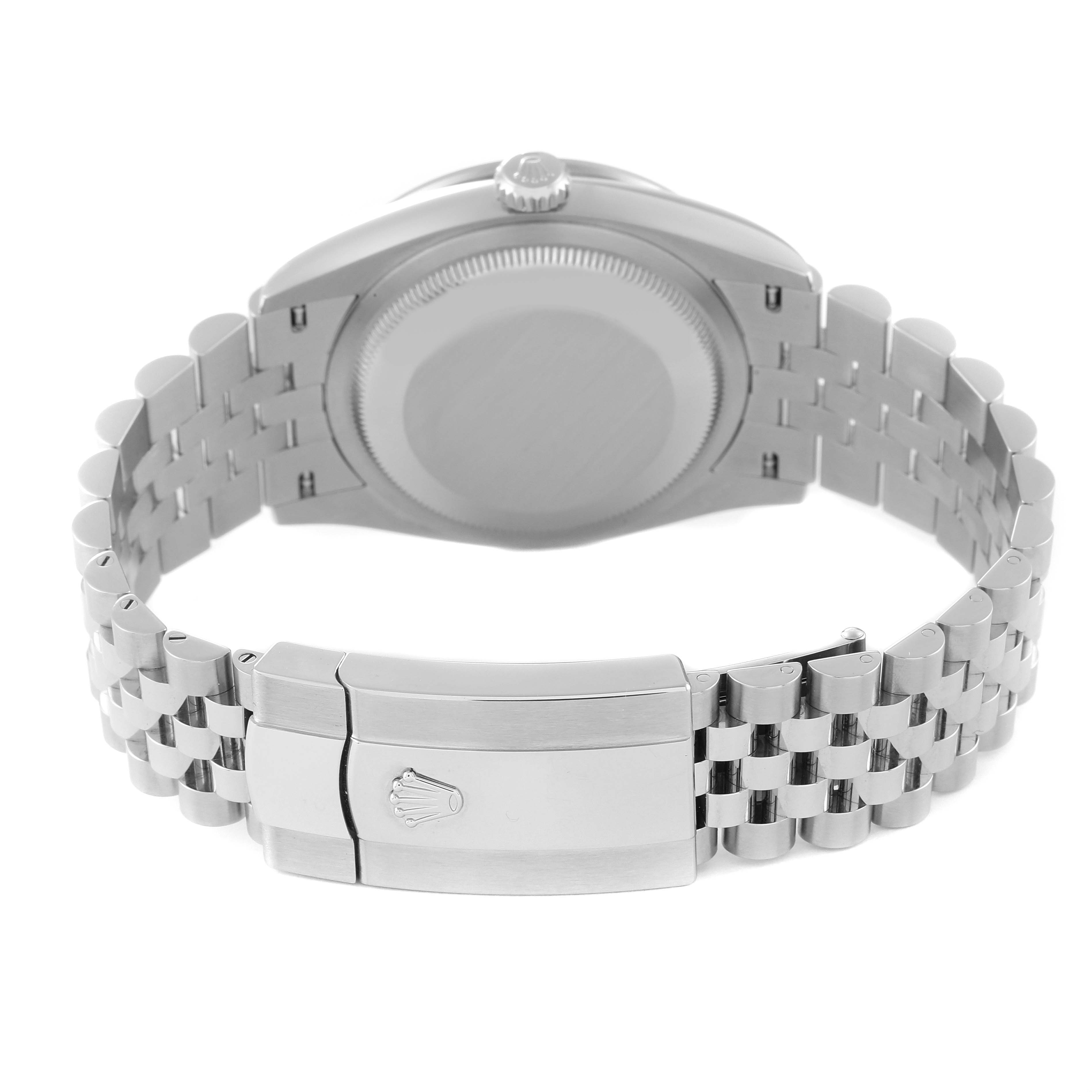 The image shows the back view of a Rolex Datejust 126284 Men's Stainless Steel Blue Dial 126284 Men's Stainless Steel Blue Dial watch, highlighting the case back and the Jubilee bracelet with its clasp.