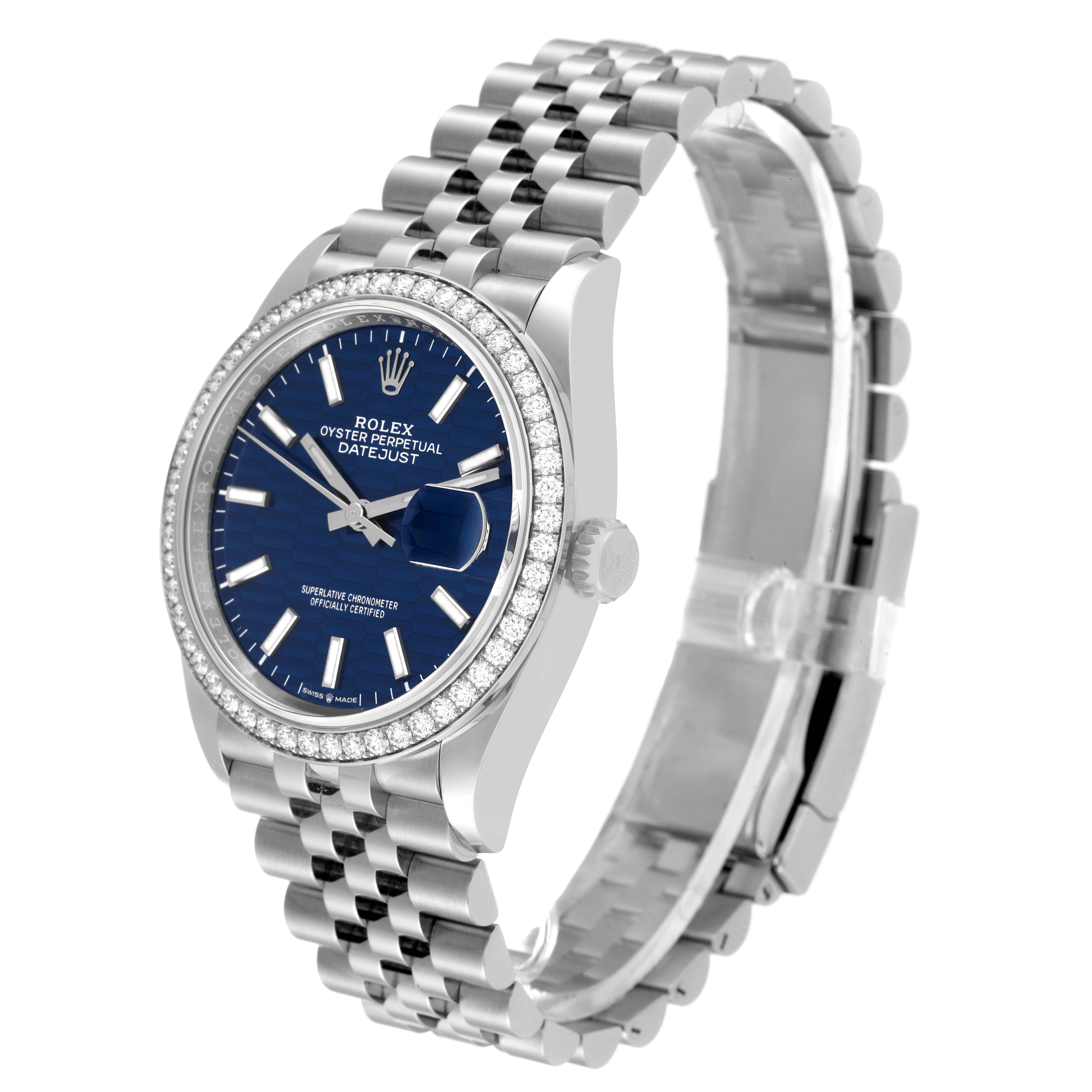 This Rolex Datejust 126284 Men's Stainless Steel Blue Dial 126284 Men's Stainless Steel Blue Dial model watch is shown at an angle highlighting the face, bezel, crown, and jubilee bracelet.