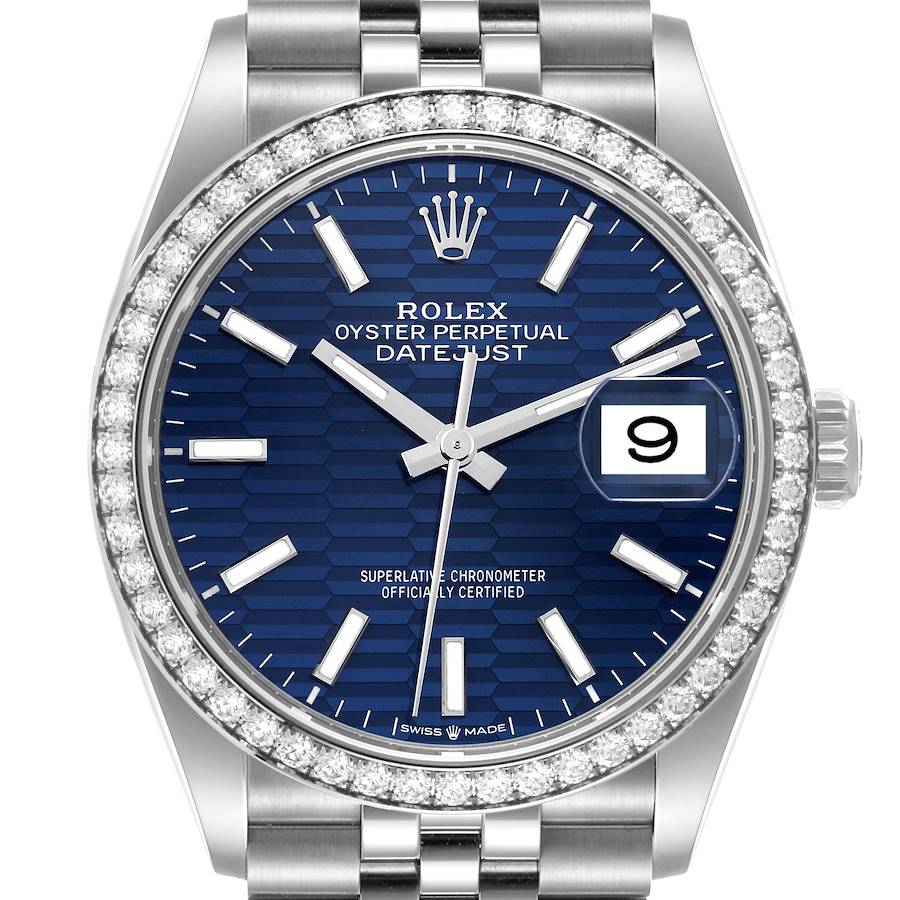 Rolex Datejust Steel Blue Fluted Dial Diamond Mens Watch 126284 Unworn SwissWatchExpo