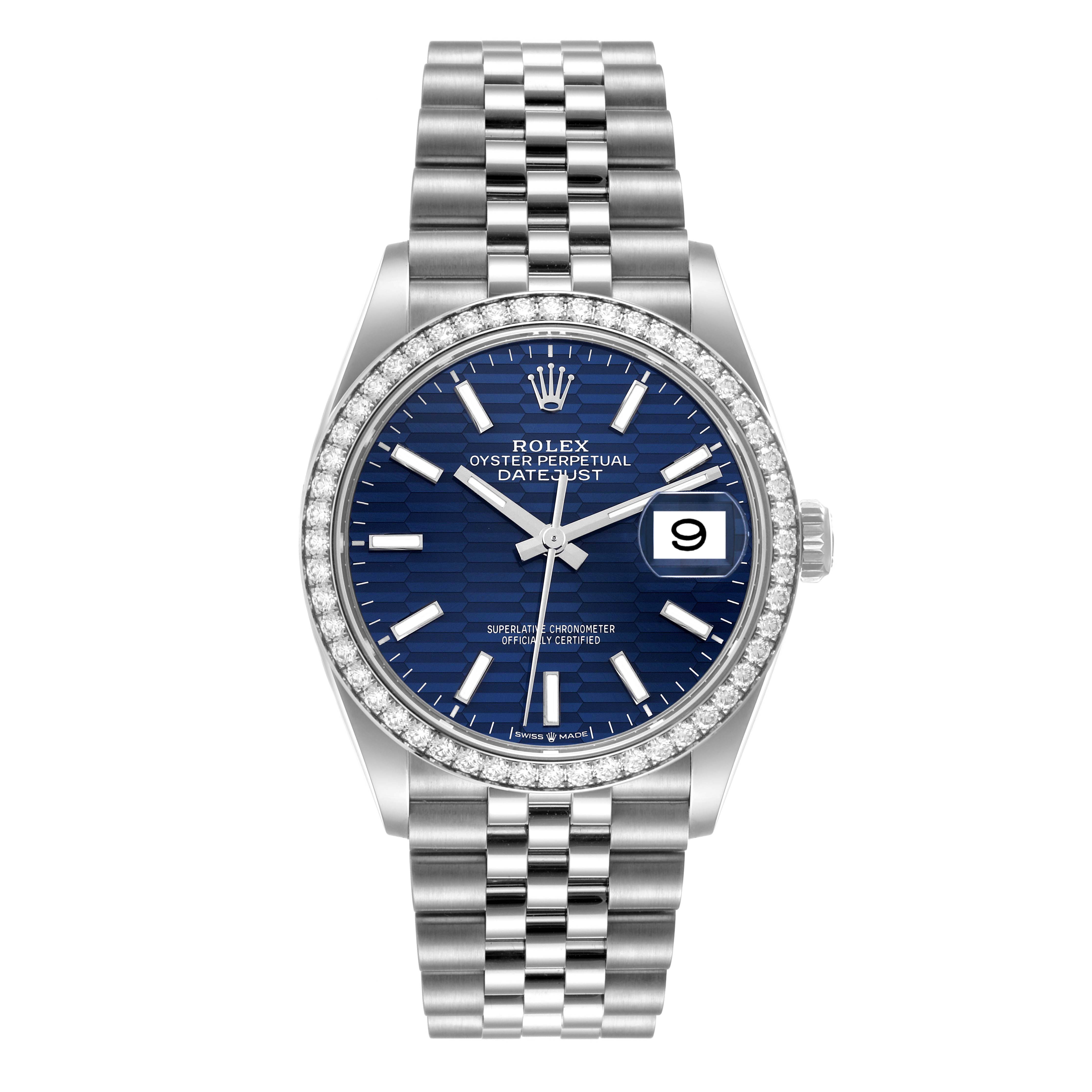 The Rolex Datejust 126284 Men's Stainless Steel Blue Dial 126284 Men's Stainless Steel Blue Dial watch is shown from a front angle, displaying the dial, hands, date window, bezel, and bracelet.