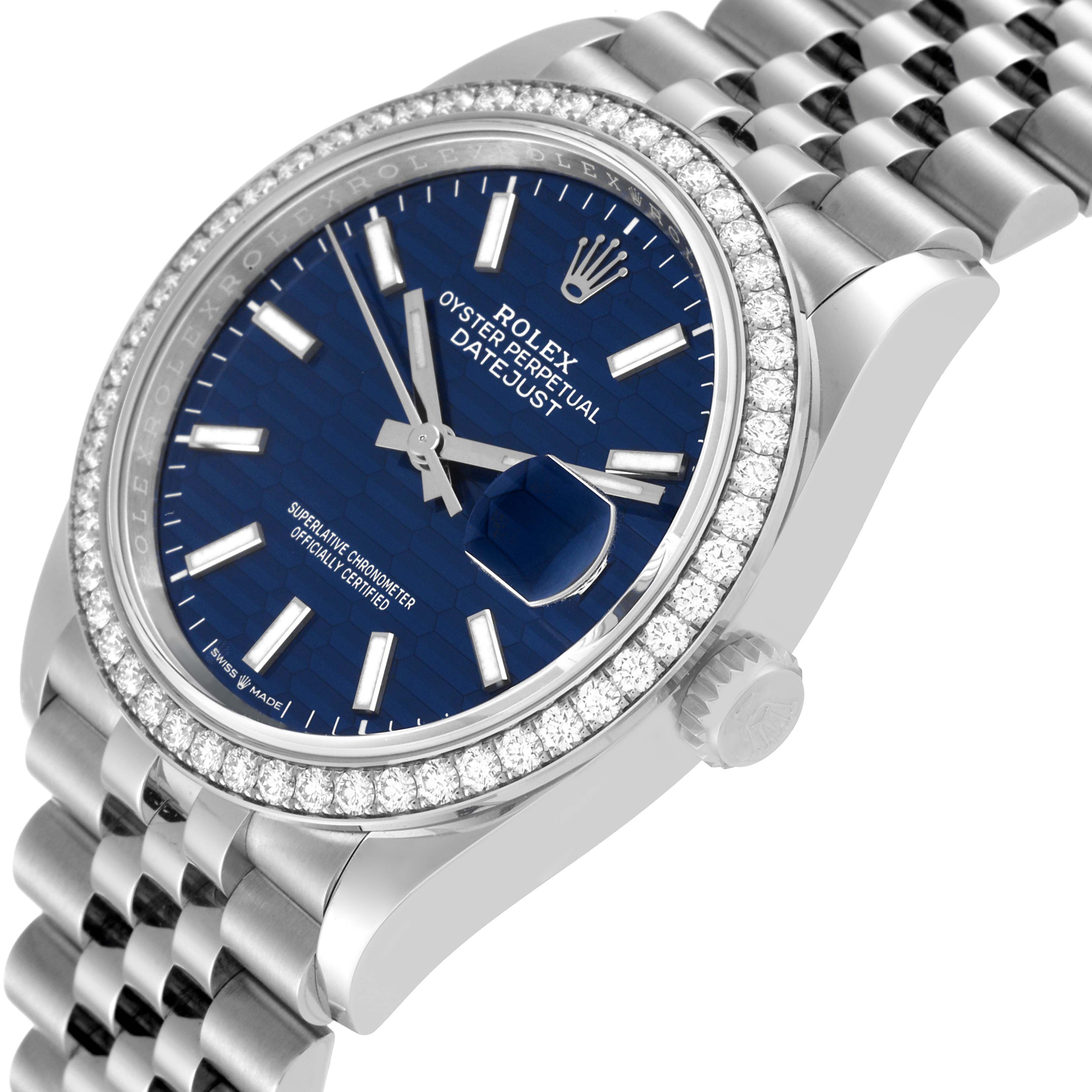 The image shows a Rolex Datejust 126284 Men's Stainless Steel Blue Dial 126284 Men's Stainless Steel Blue Dial watch at an angled close-up, featuring its blue dial, diamond bezel, and jubilee bracelet.