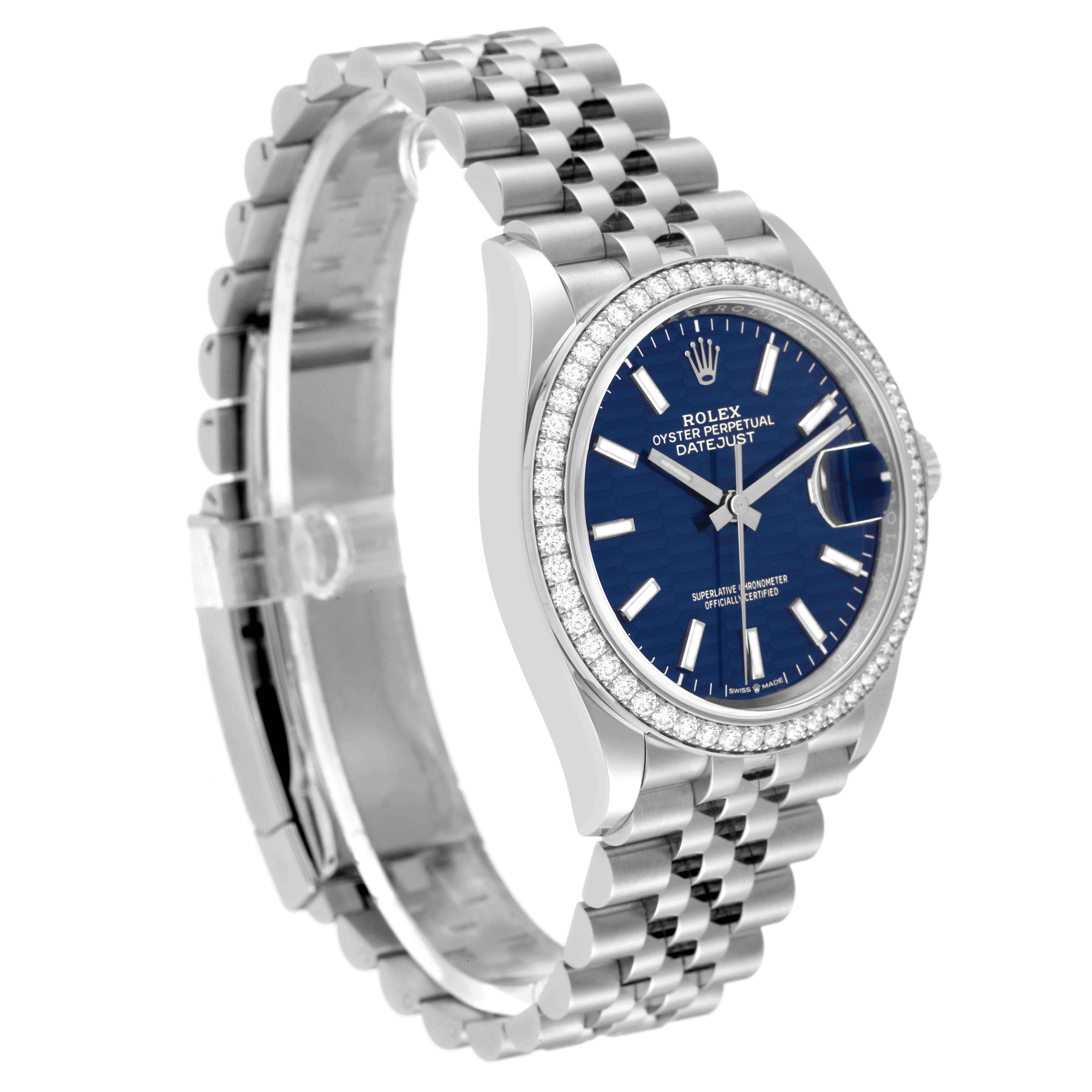 This image shows a Rolex Datejust 126284 Men's Stainless Steel Blue Dial 126284 Men's Stainless Steel Blue Dial watch at a slight angle displaying its blue dial, case, bezel, and Jubilee bracelet.