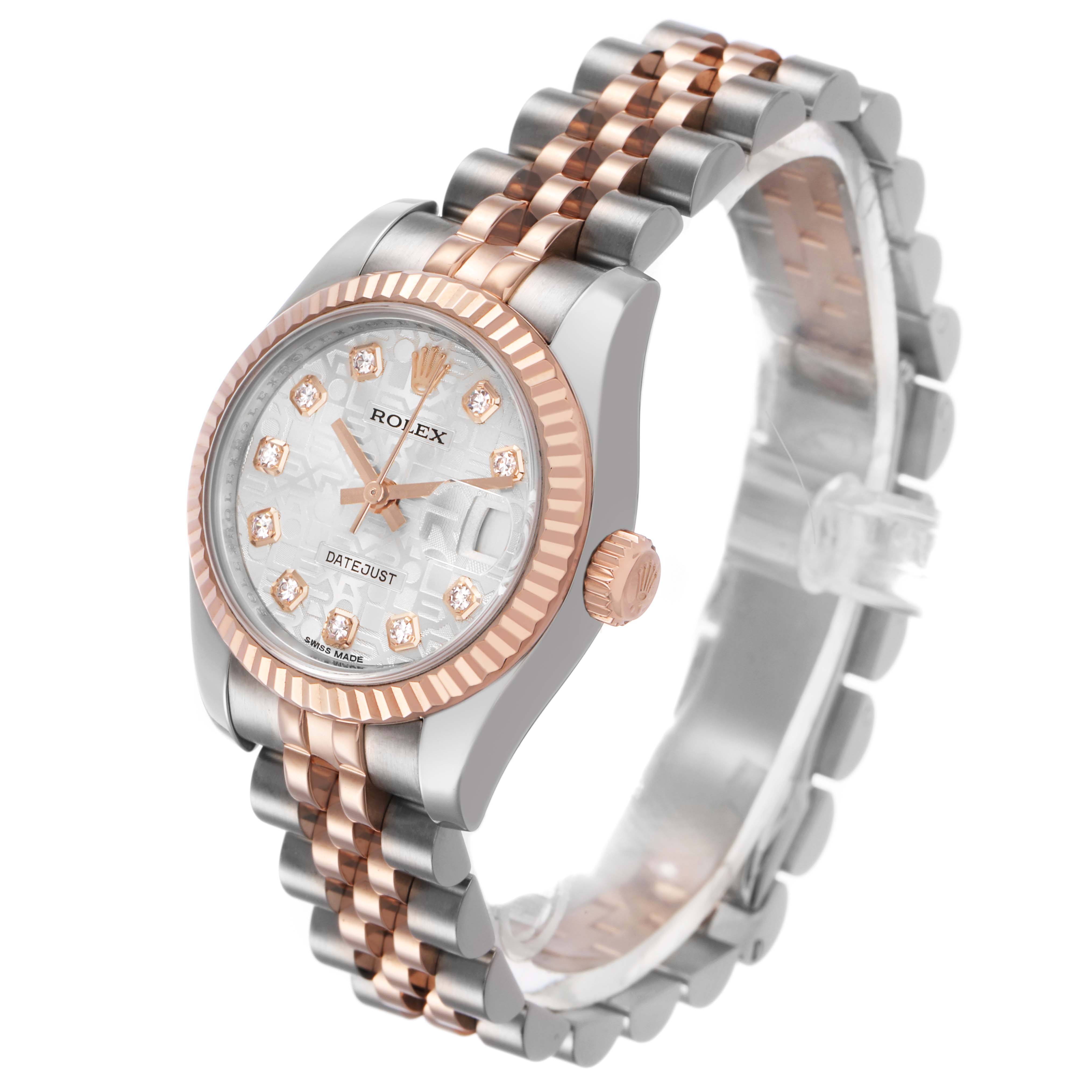 The Rolex Datejust 179171 Women's Steel and Gold (two tone) Silver Dial watch is shown at an angle highlighting its dial, bezel, and two-tone bracelet.