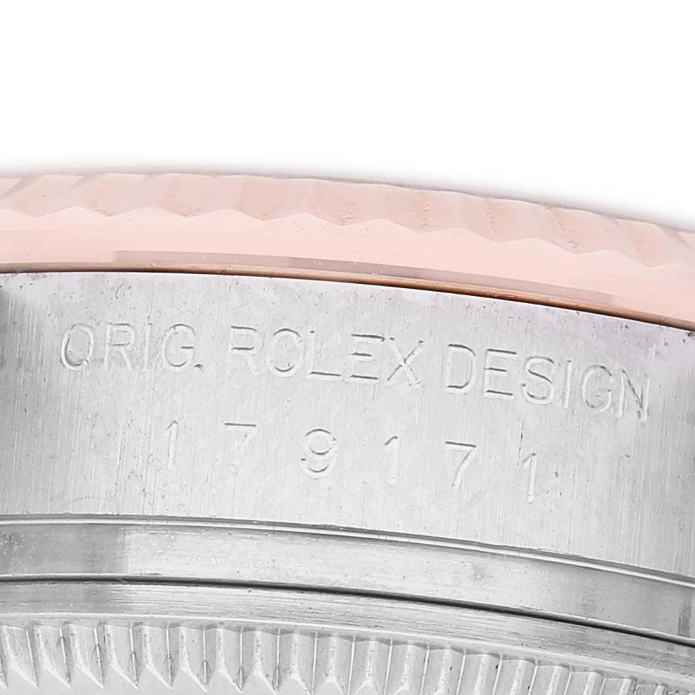 The image shows a close-up of the Rolex Datejust 179171 Women's Steel and Gold (two tone) Silver Dial watch case side, displaying the engraved serial number and "ORIG. ROLEX DESIGN."