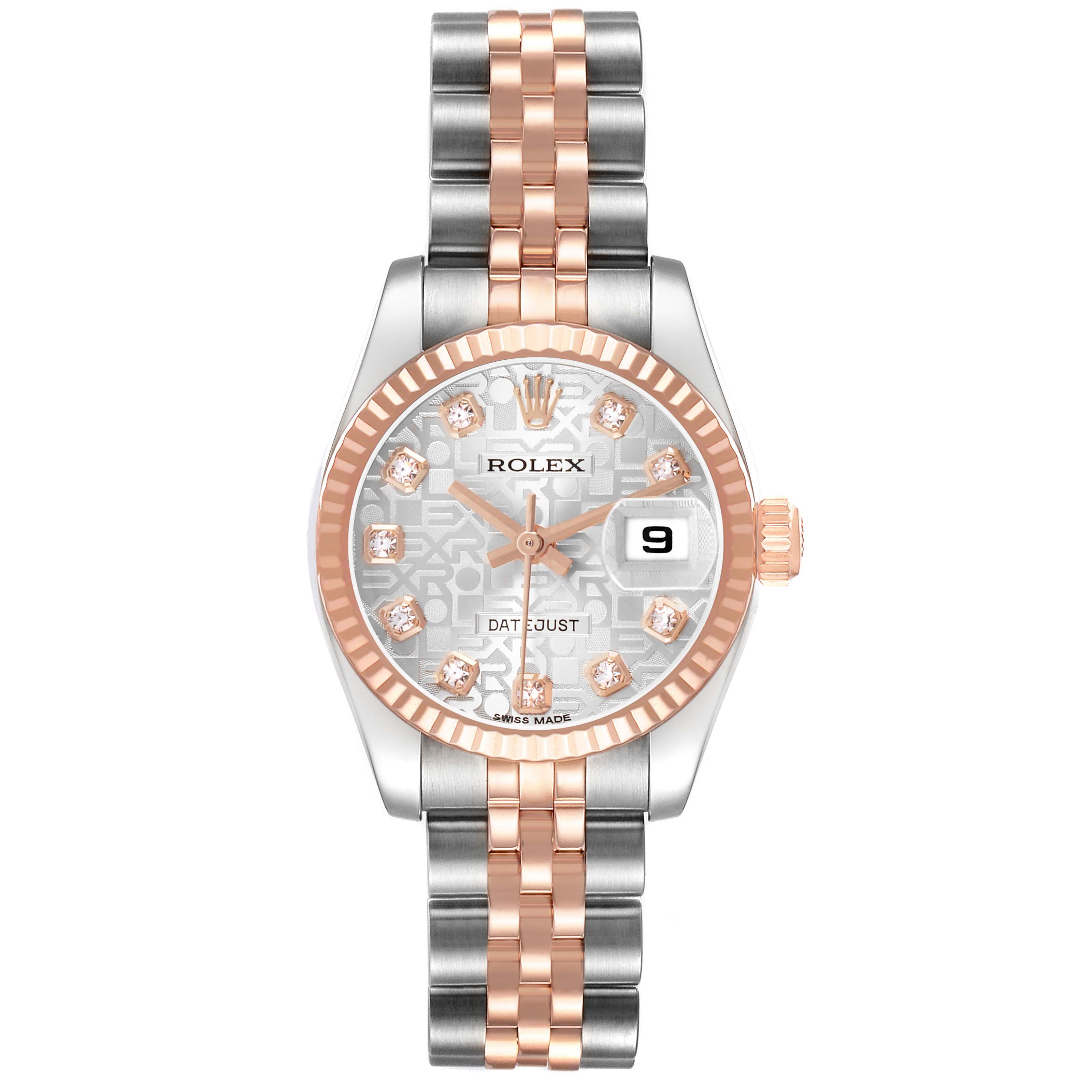 The Rolex Datejust 179171 Women's Steel and Gold (two tone) Silver Dial is shown from the front, highlighting the dial, bezel, and two-tone bracelet.