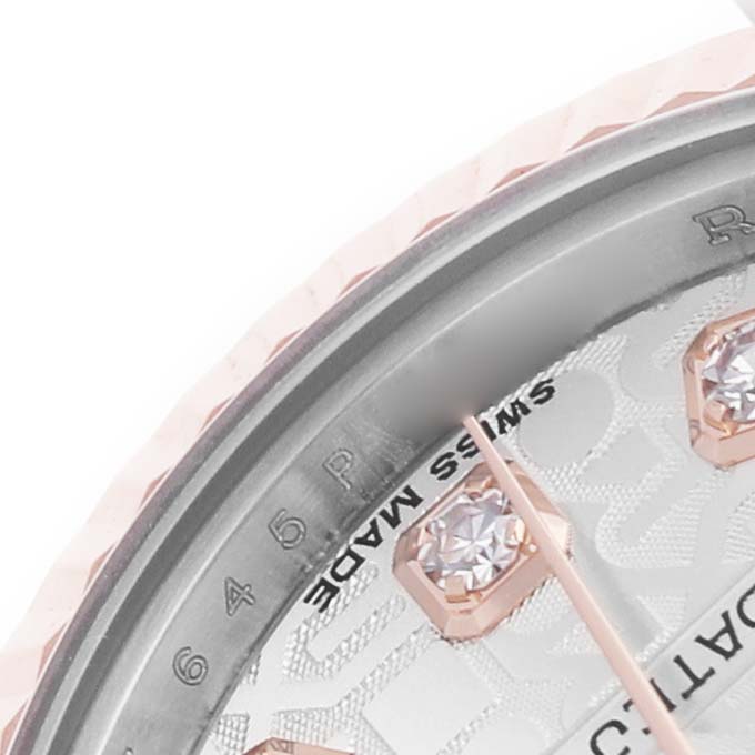 The image shows a close-up of the Rolex Datejust 179171 Women's Steel and Gold (two tone) Silver Dial watch face, focusing on the bezel, dial, and diamond markers.