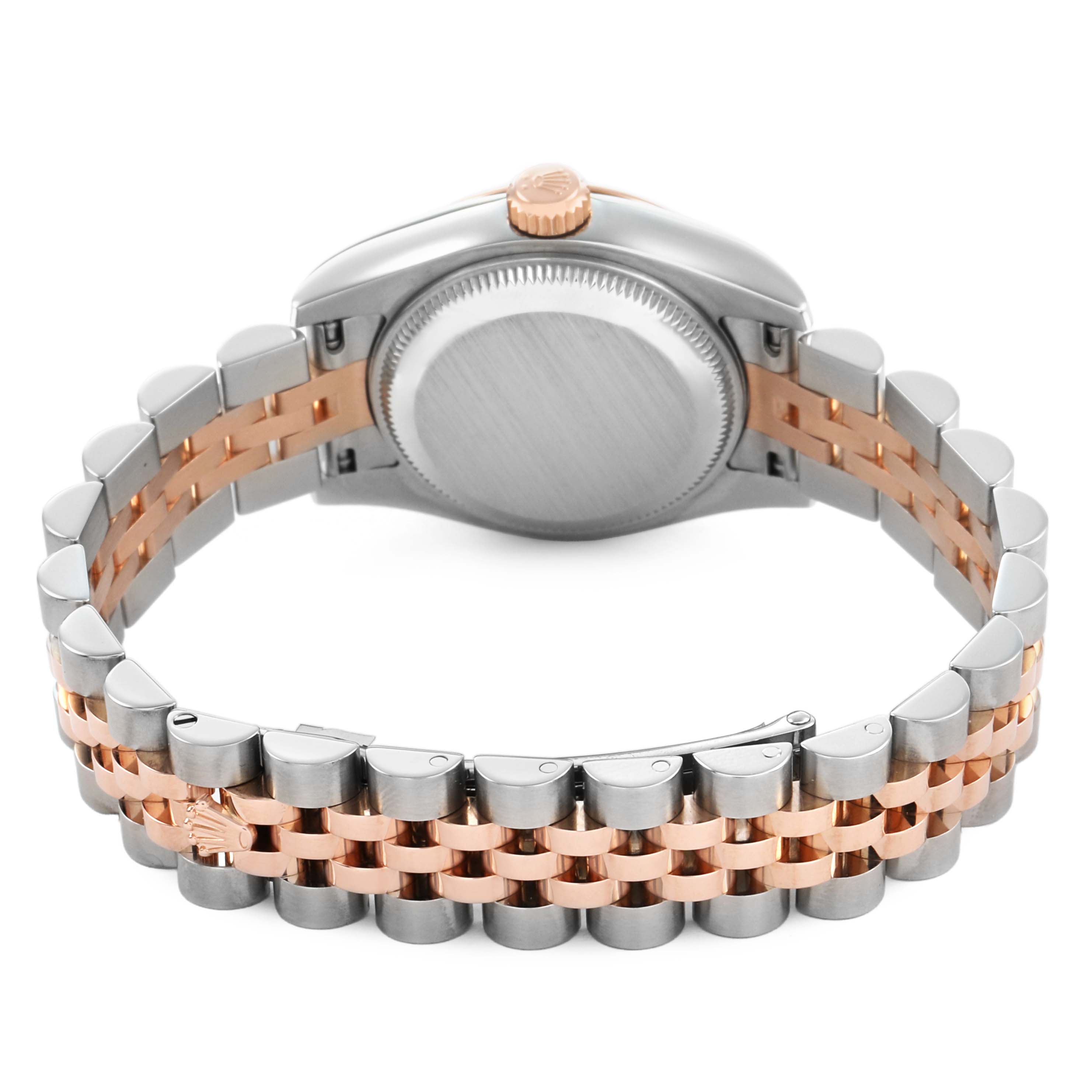 The Rolex Datejust 179171 Women's Steel and Gold (two tone) Silver Dial watch is shown from the back, displaying the case back and bi-tone bracelet.