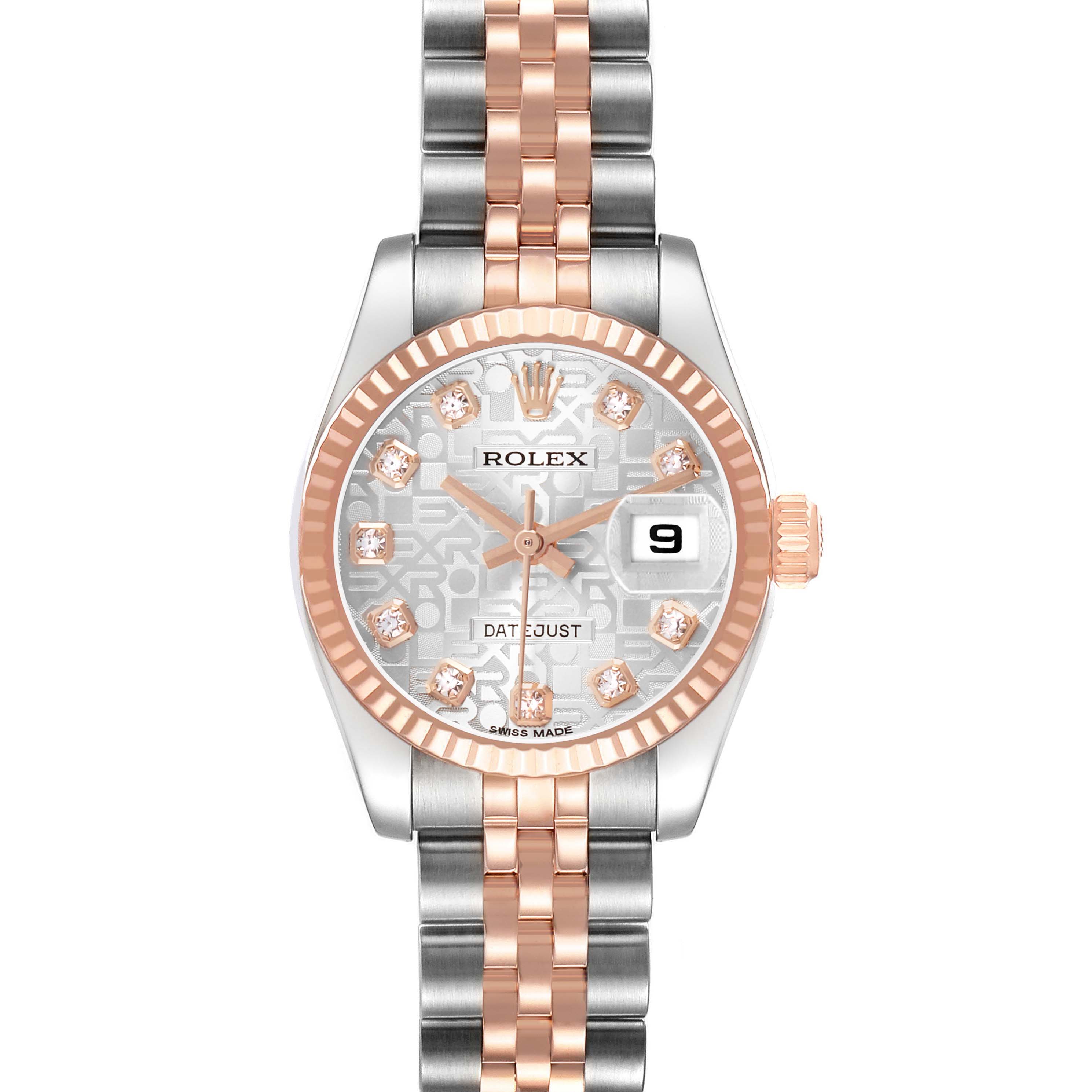The Rolex Datejust 179171 Women's Steel and Gold (two tone) Silver Dial watch is shown from a front angle, highlighting its dial, bezel, bracelet, and crown.