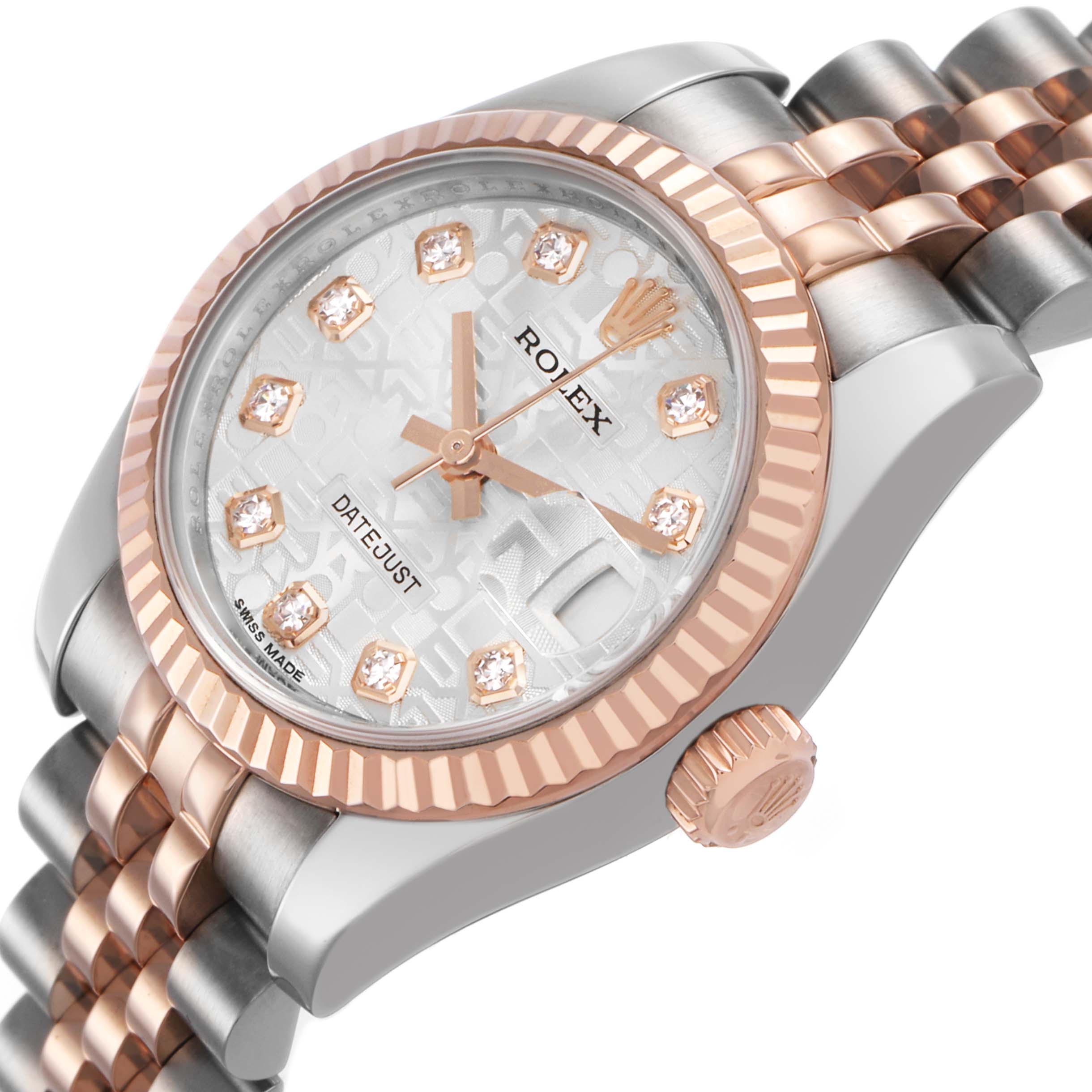 The Rolex Datejust 179171 Women's Steel and Gold (two tone) Silver Dial watch is shown at an angle highlighting the dial, bezel, crown, and part of the bracelet.
