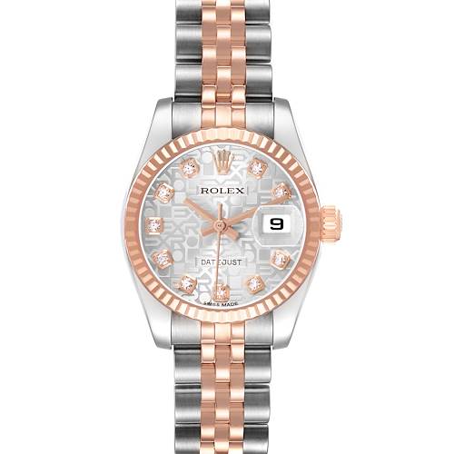 The Rolex Datejust 179171 Women's Steel and Gold (two tone) Silver Dial watch is shown from the front, highlighting the dial, bezel, and bracelet.