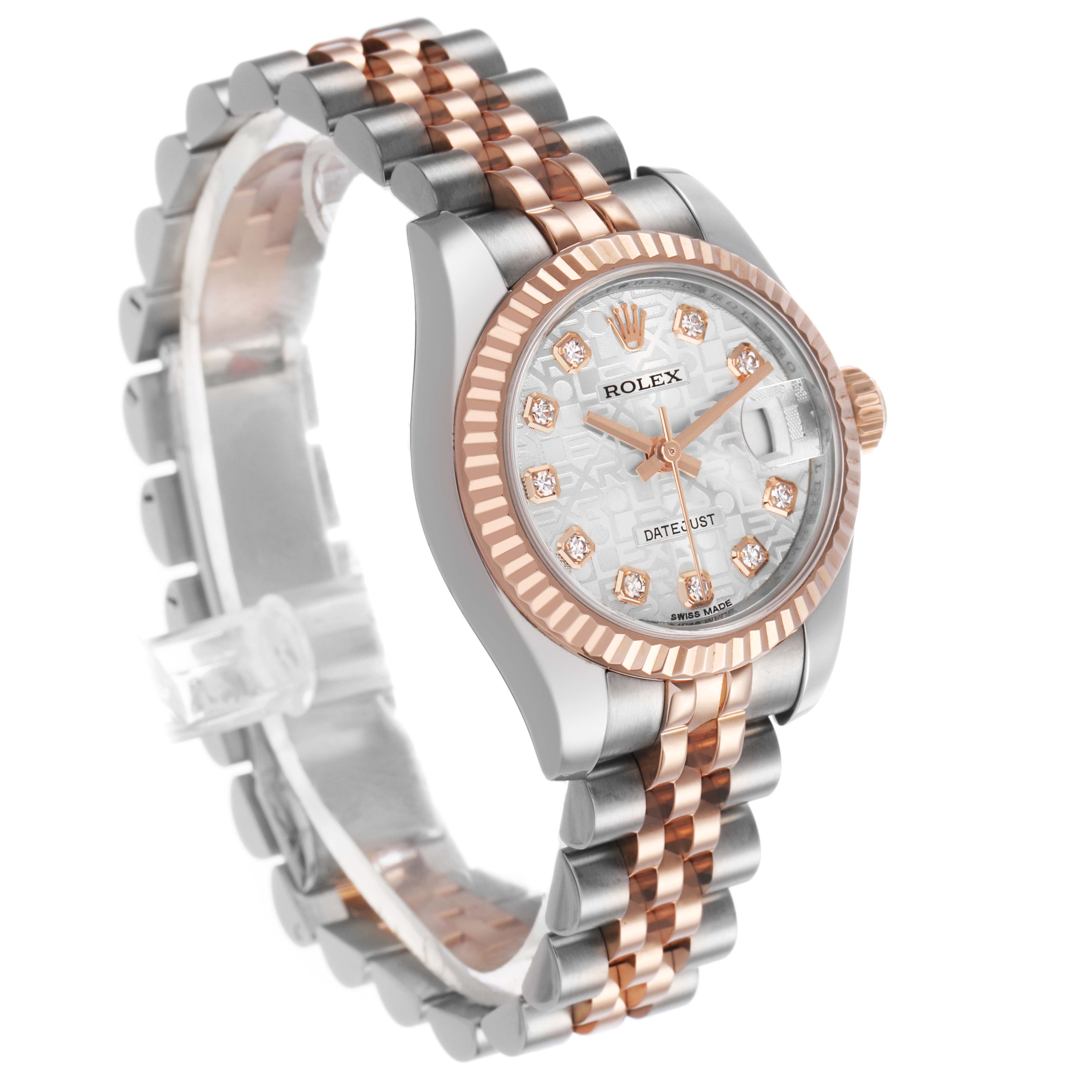 The Rolex Datejust 179171 Women's Steel and Gold (two tone) Silver Dial watch is shown at a slight angle, displaying the face, bezel, and two-tone bracelet.