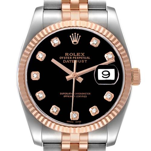 The Rolex Datejust 116231 Men's Steel and Gold (two tone) Black Dial watch is shown from the front, displaying the face, bezel, crown, and part of the bracelet.