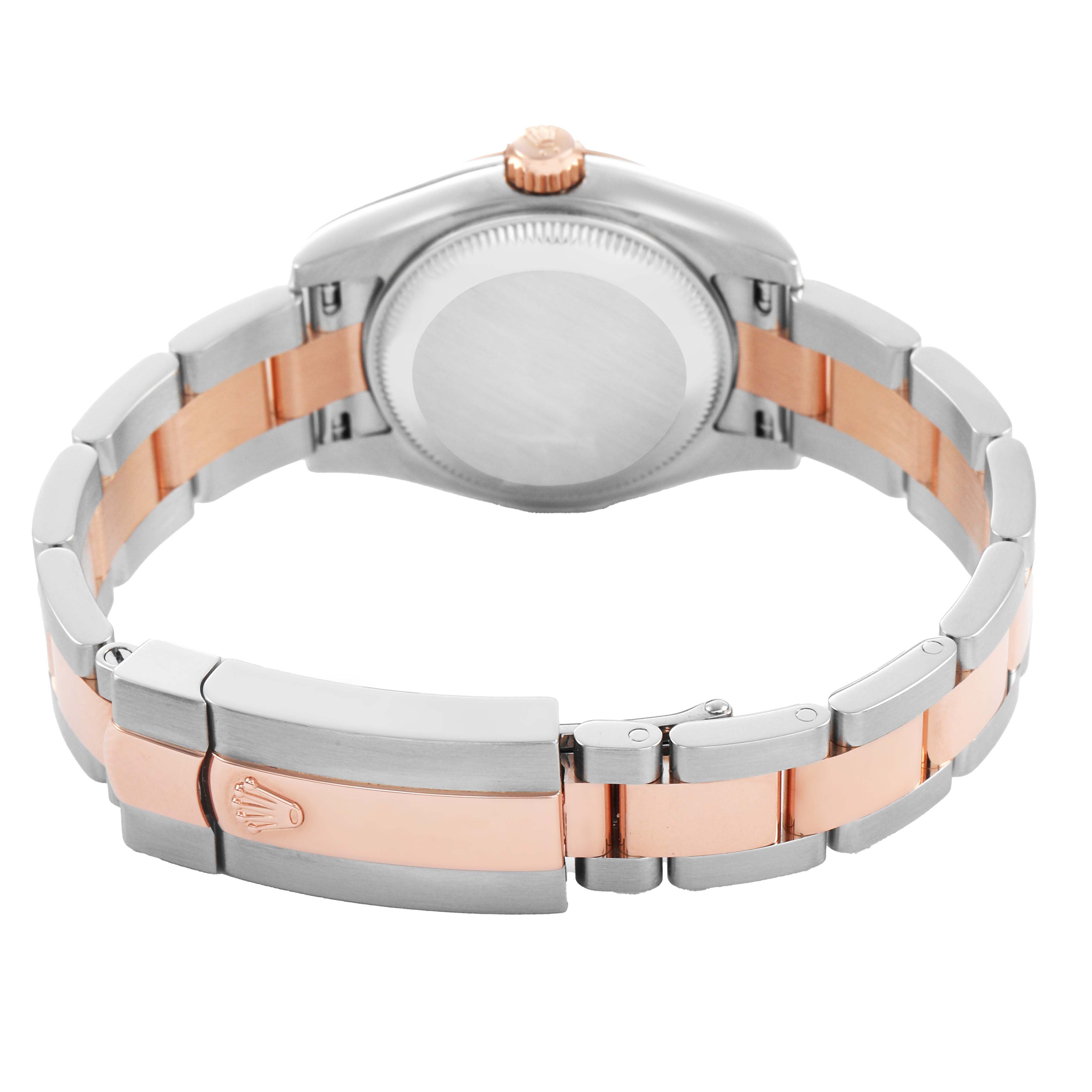 The image shows the back and bracelet of a Rolex Datejust 179161 Women's Steel and Gold (two tone) Pink Dial watch, highlighting the clasp and crown at an angle.