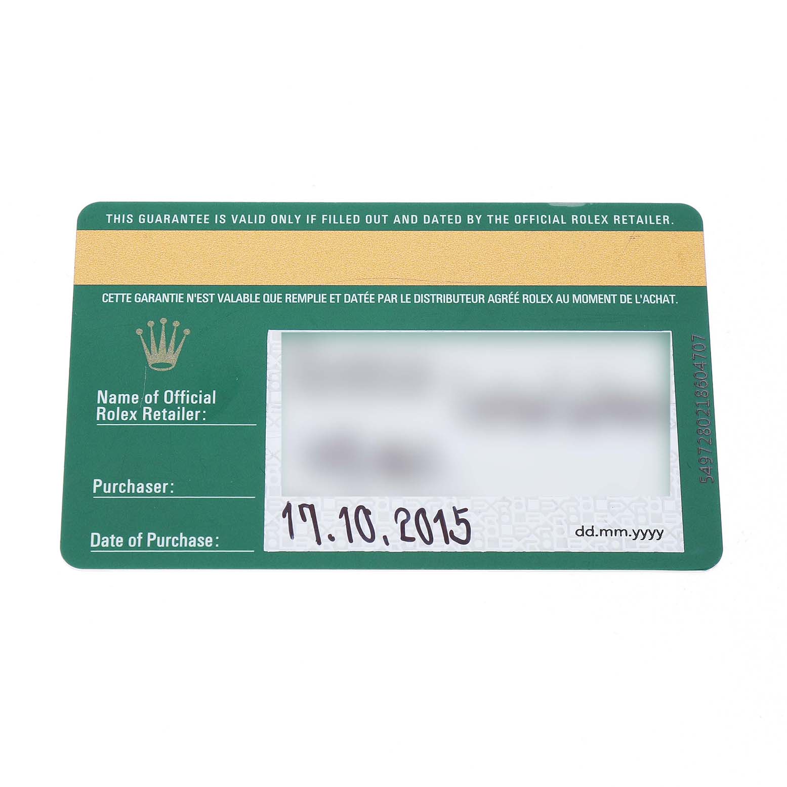The image shows a flat view of a Rolex Datejust 179161 Women's Steel and Gold (two tone) Pink Dial warranty card with purchase details filled in.