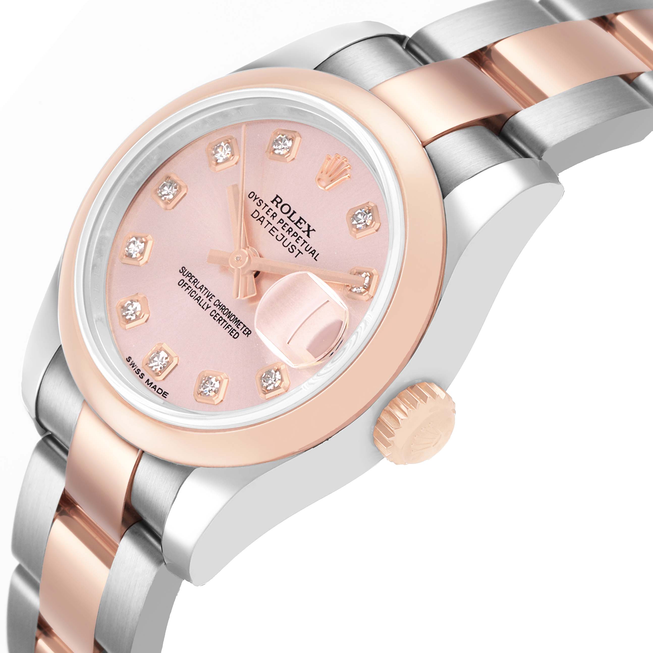 The Rolex Datejust 179161 Women's Steel and Gold (two tone) Pink Dial watch is shown at a three-quarter angle highlighting the dial, diamond markers, and part of the bracelet.