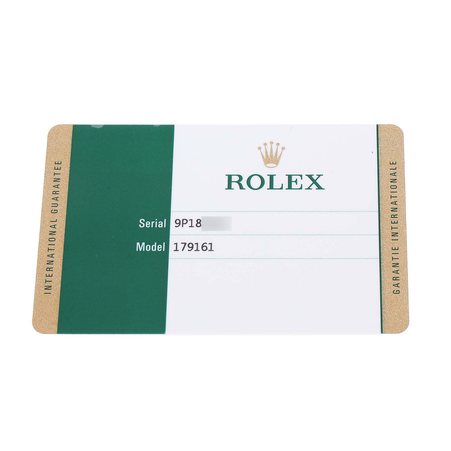 The image shows the international guarantee card for a Rolex Datejust 179161 Women's Steel and Gold (two tone) Pink Dial watch.