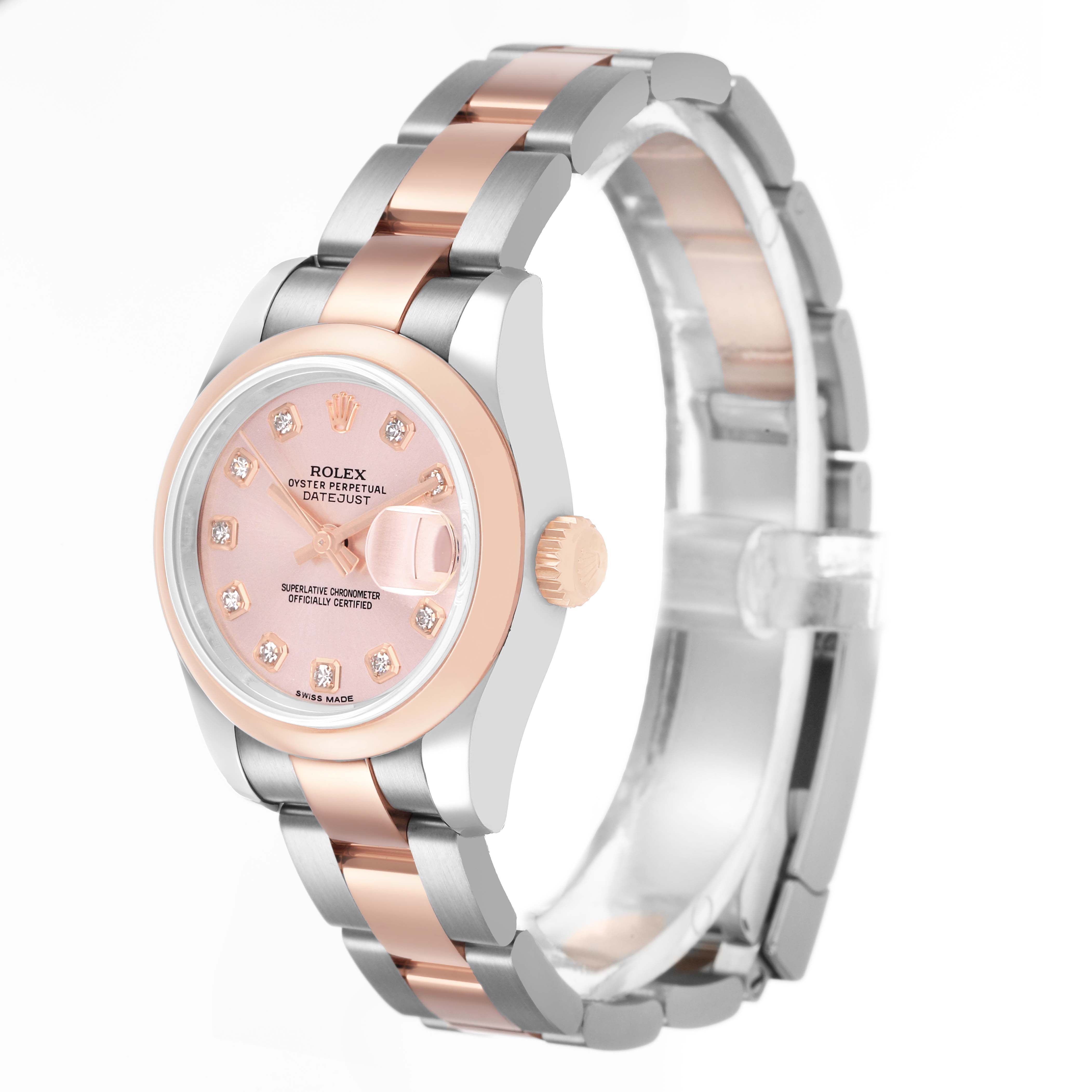 The Rolex Datejust 179161 Women's Steel and Gold (two tone) Pink Dial watch is shown at a slight side angle, displaying the face, bezel, crown, and bracelet.