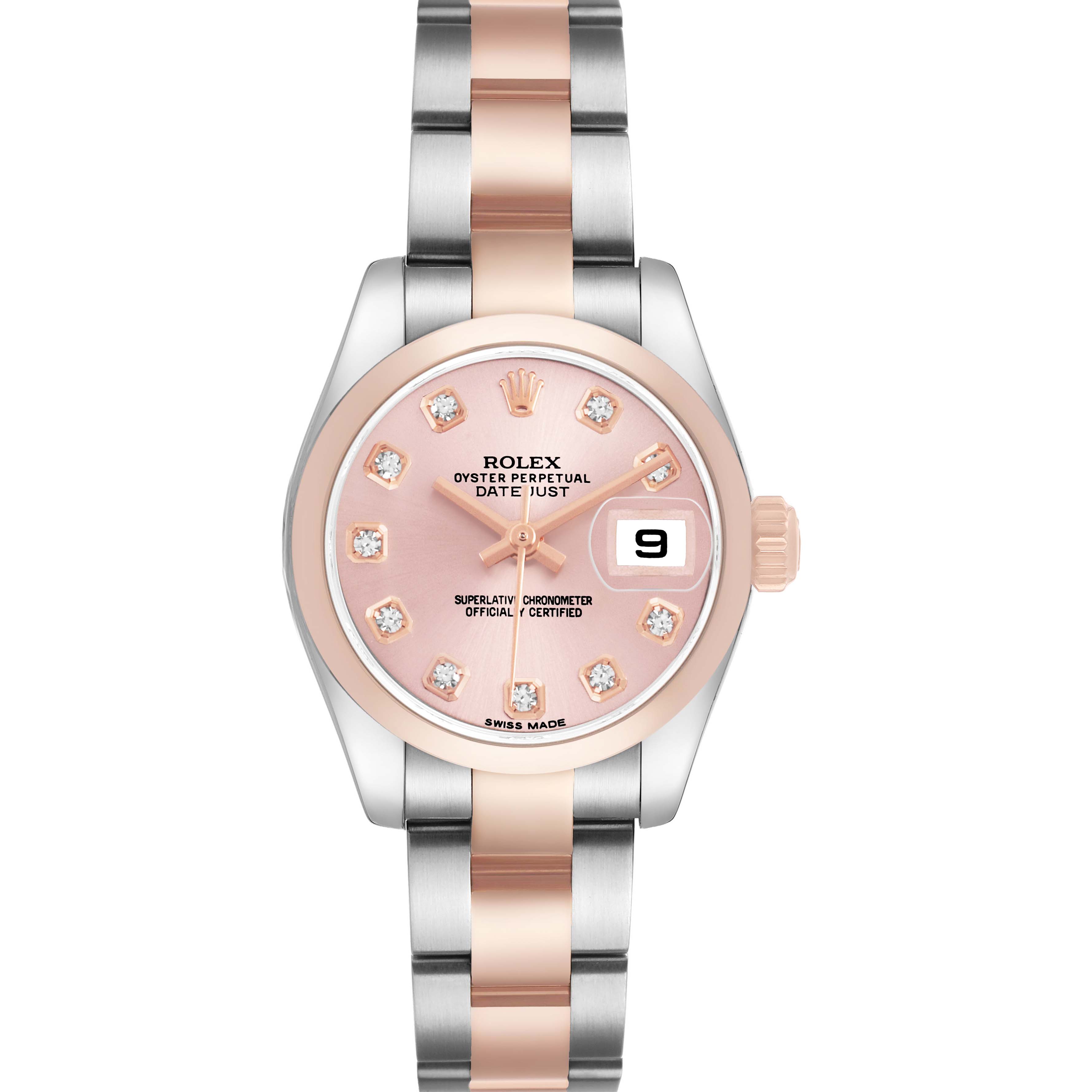 The Rolex Datejust 179161 Women's Steel and Gold (two tone) Pink Dial watch is shown from the front, displaying the dial, bezel, crown, and bracelet with a two-tone finish.