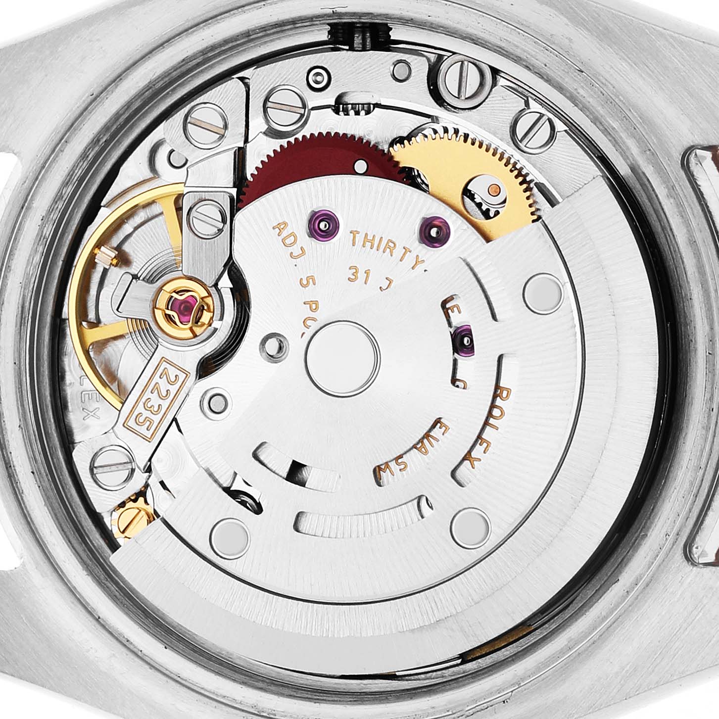 The image shows the movement and internal mechanics of a Rolex Datejust 179161 Women's Steel and Gold (two tone) Pink Dial watch from a back view angle.