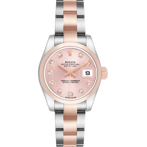 The Rolex Datejust 179161 Women's Steel and Gold (two tone) Pink Dial watch is shown from the front, displaying the dial, date window, bezel, and the two-tone bracelet.
