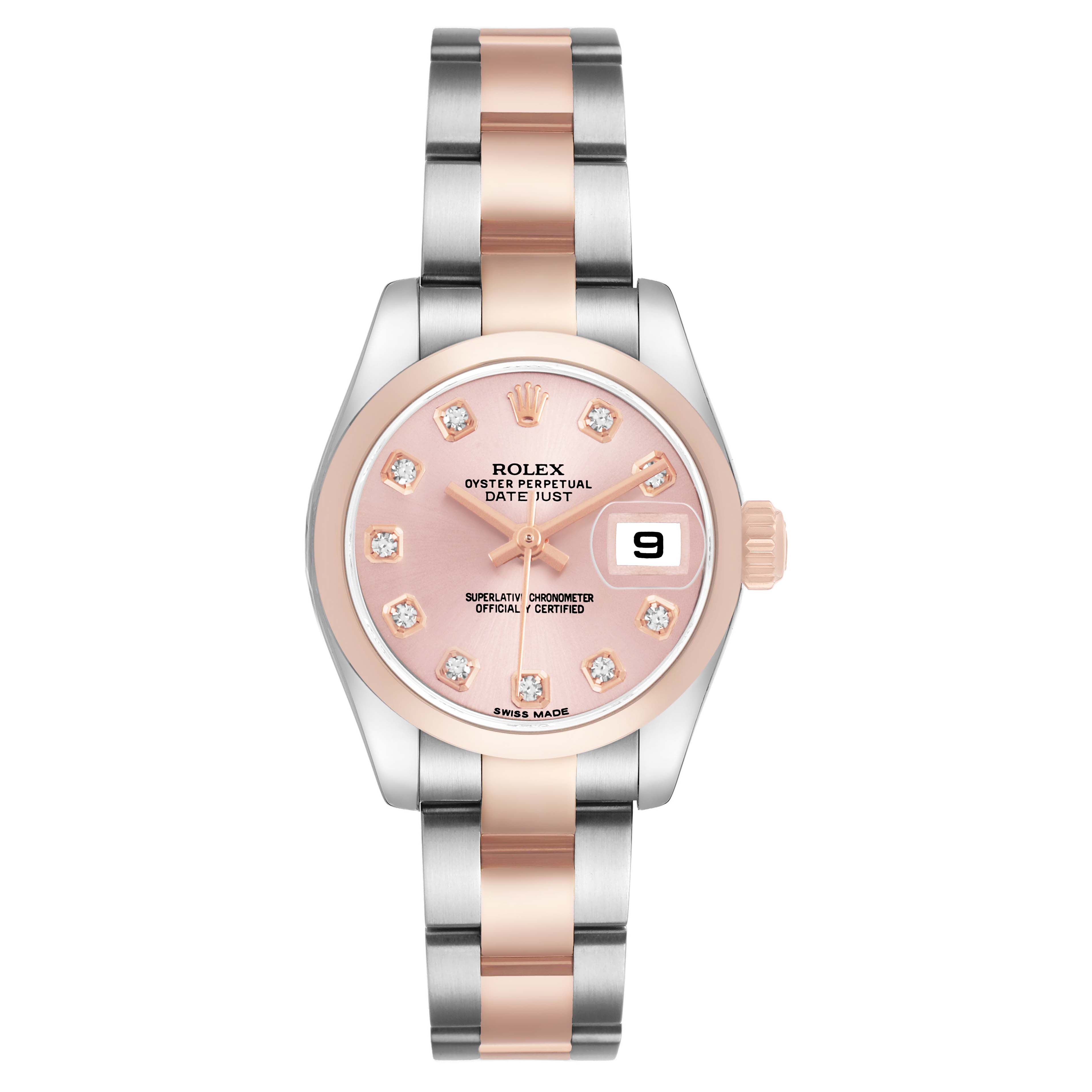 The image shows a Rolex Datejust 179161 Women's Steel and Gold (two tone) Pink Dial watch from a front angle, highlighting its pink dial, diamond hour markers, and two-tone bracelet.