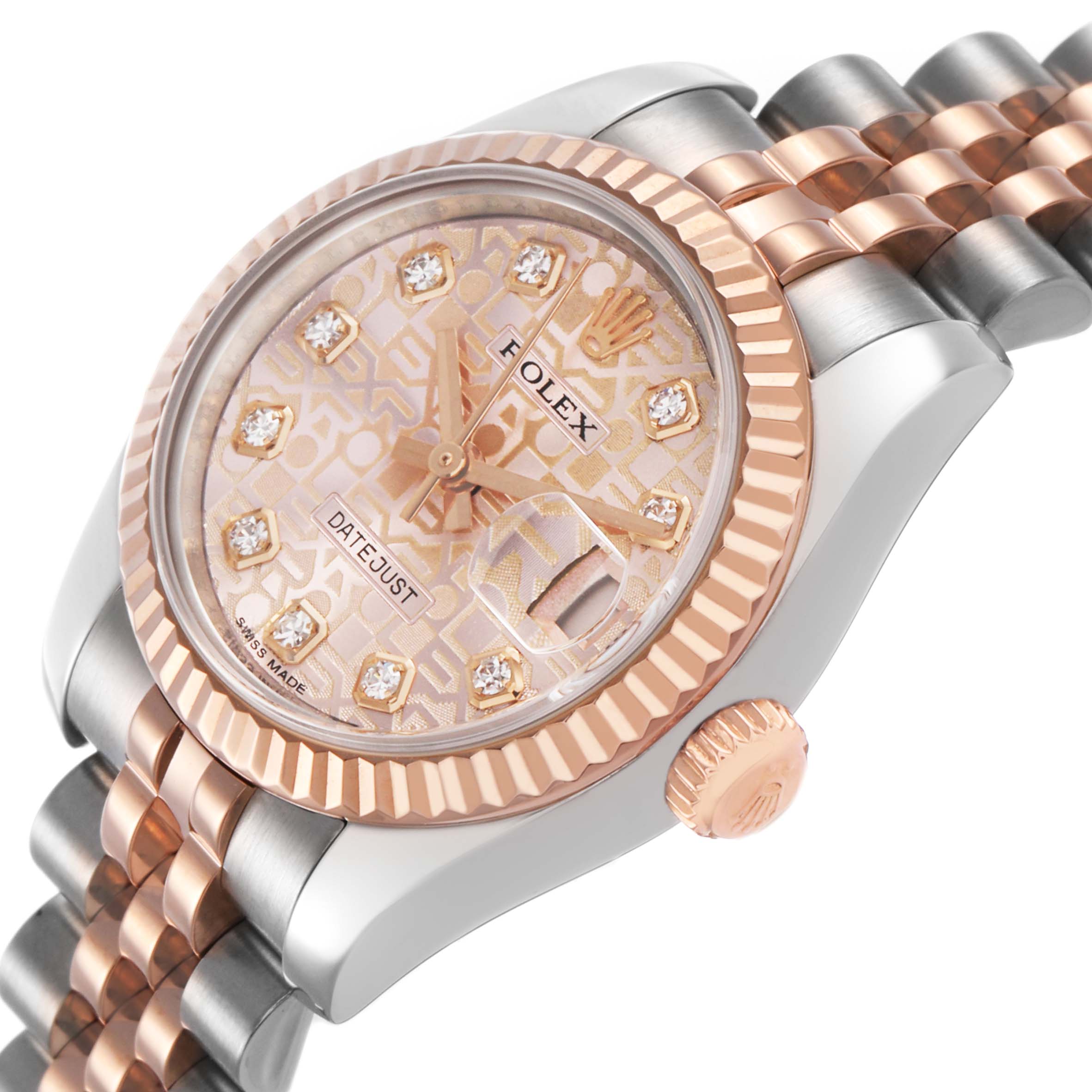 The image shows a Rolex Datejust 179171 Women's Steel and Gold (two tone) Pink Dial watch from a side angle, highlighting its rose gold bezel, crown, and patterned dial with diamond markers.