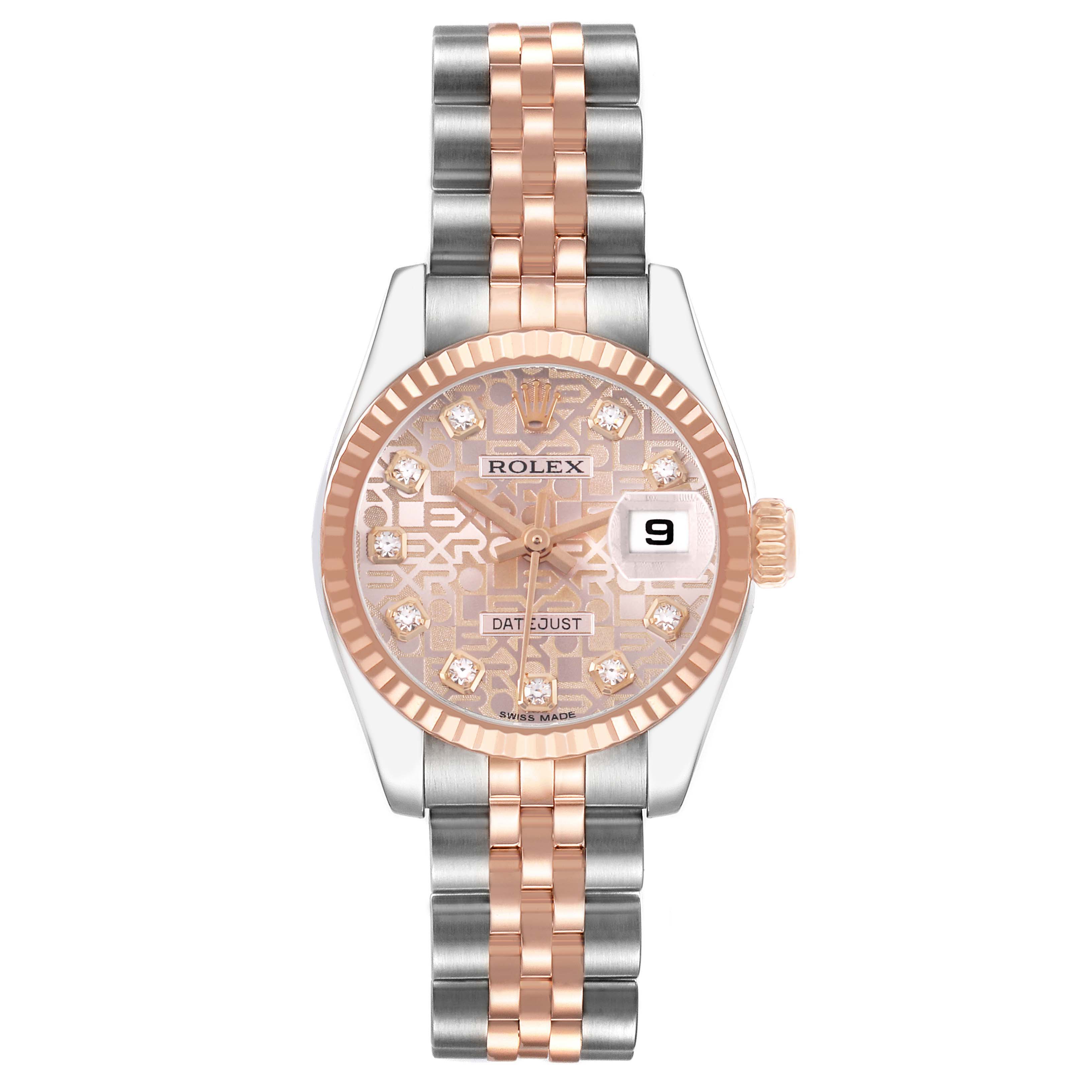 The Rolex Datejust 179171 Women's Steel and Gold (two tone) Pink Dial watch is shown from the front, featuring the dial, bezel, and part of the two-tone bracelet.