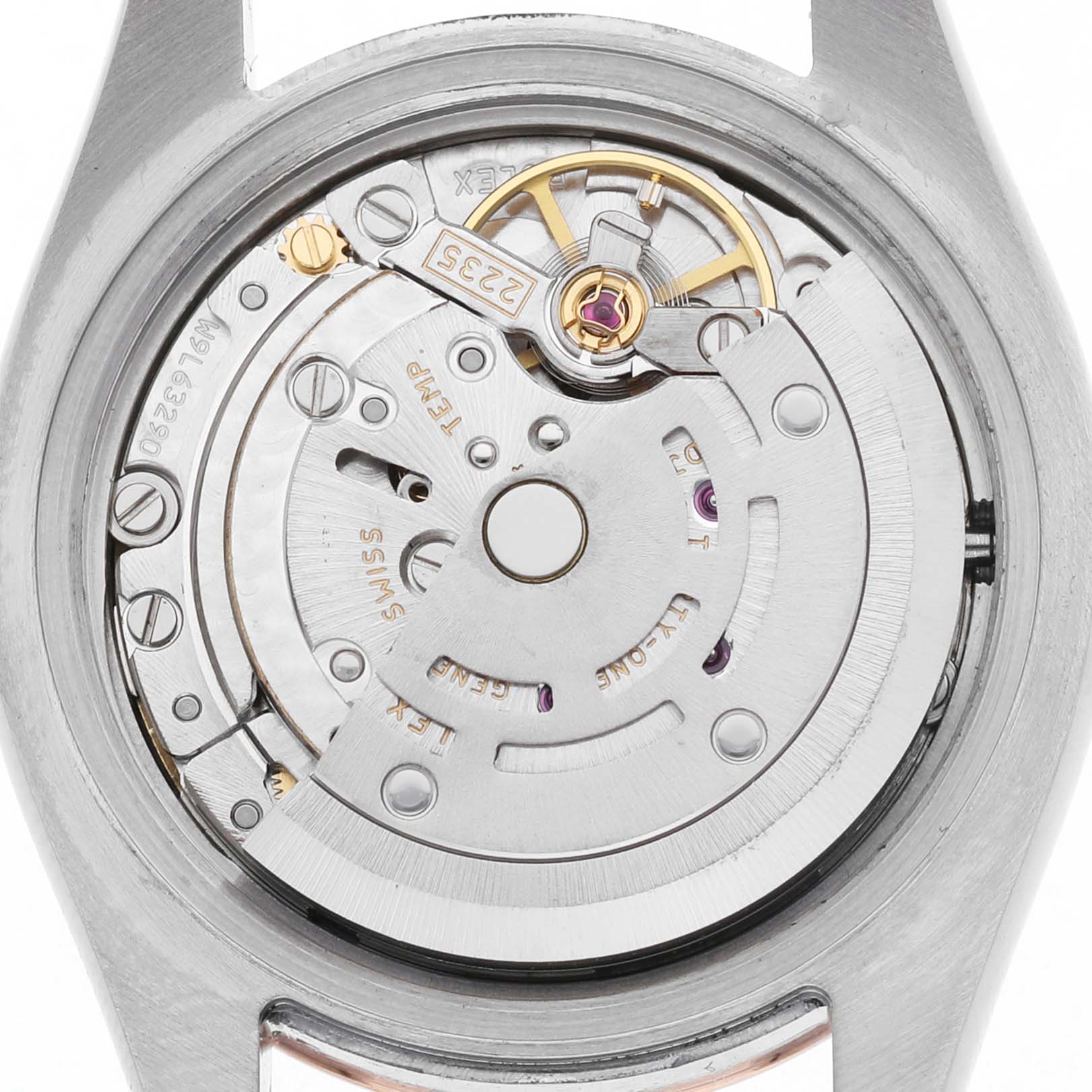 The image shows the movement mechanism of a Rolex Datejust 179171 Women's Steel and Gold (two tone) Pink Dial watch from a back angle.