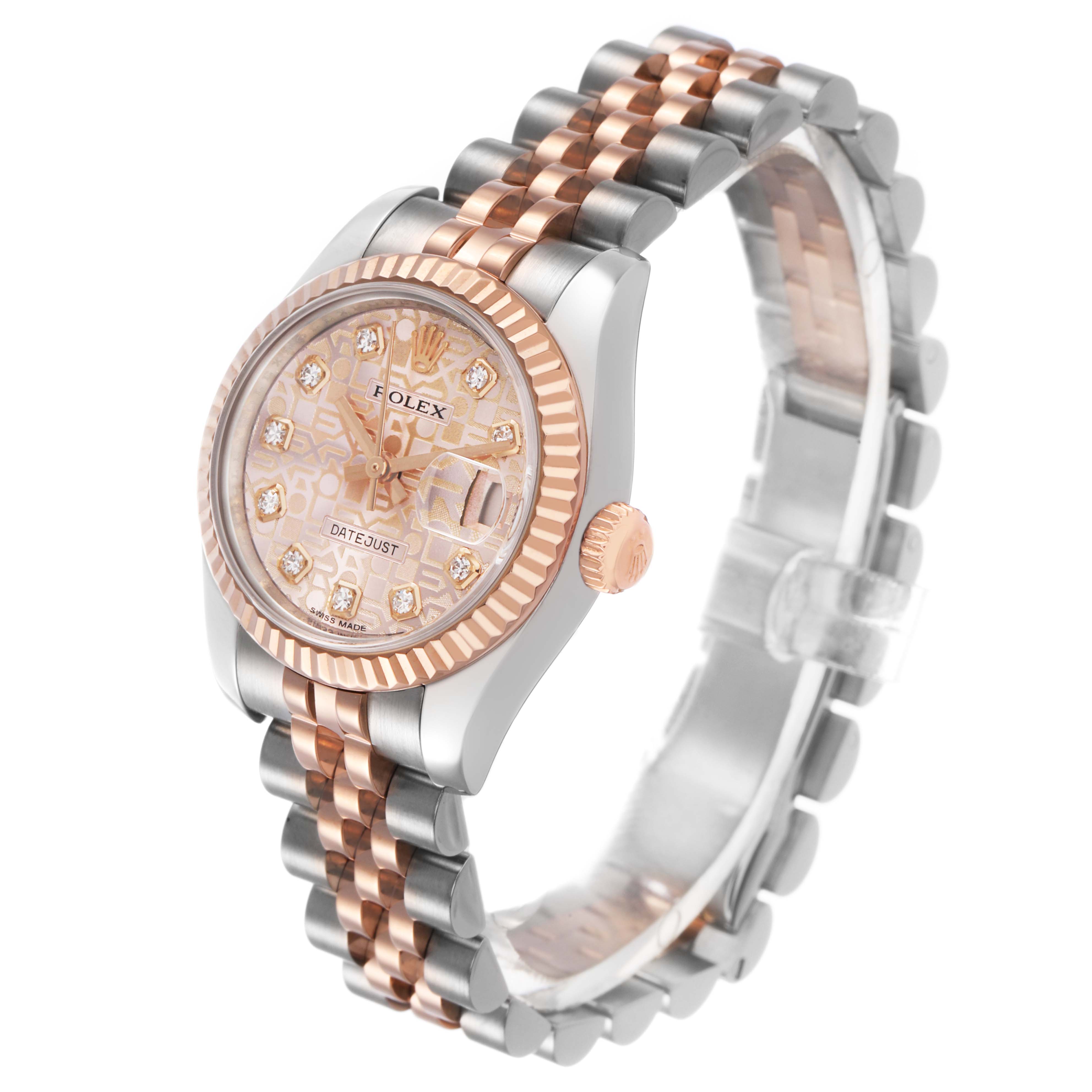 The Rolex Datejust 179171 Women's Steel and Gold (two tone) Pink Dial watch is shown at a tilted angle displaying the dial, fluted bezel, crown, and two-tone Jubilee bracelet.