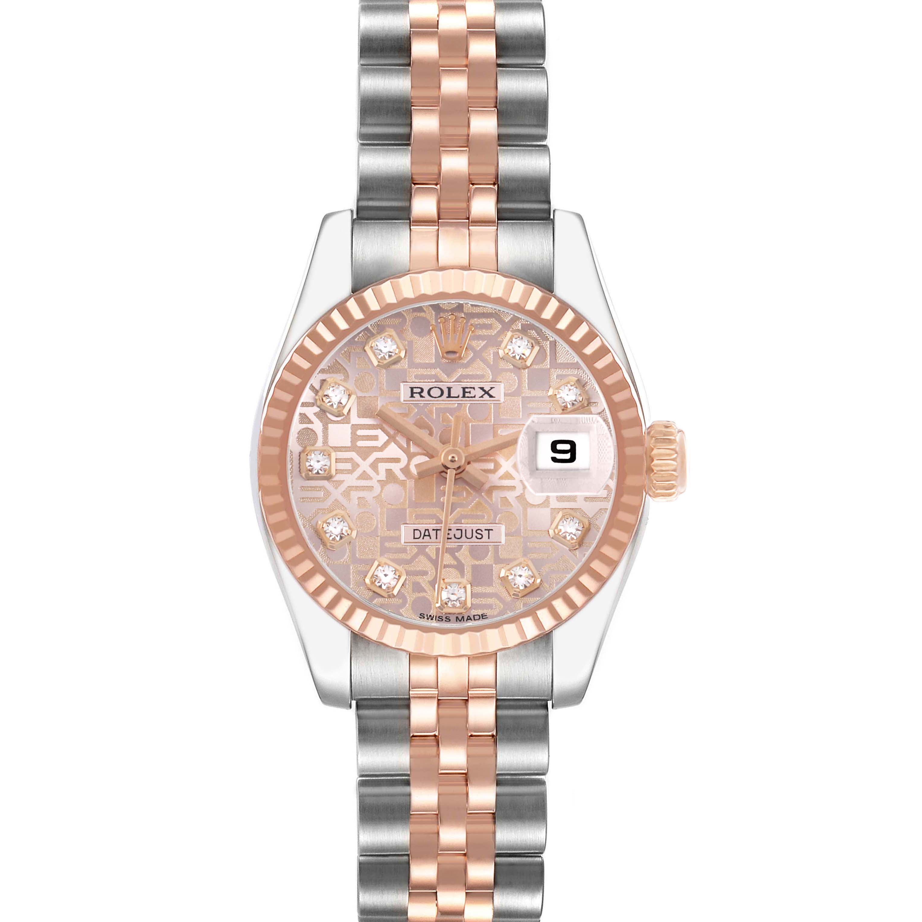 The Rolex Datejust 179171 Women's Steel and Gold (two tone) Pink Dial watch is shown from a front angle, highlighting its face, bezel, crown, and two-tone bracelet.