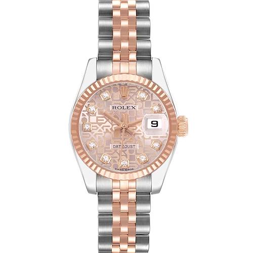 The Rolex Datejust 179171 Women's Steel and Gold (two tone) Pink Dial watch is shown from a top-down angle, highlighting its two-tone bracelet, bezel, and detailed dial.