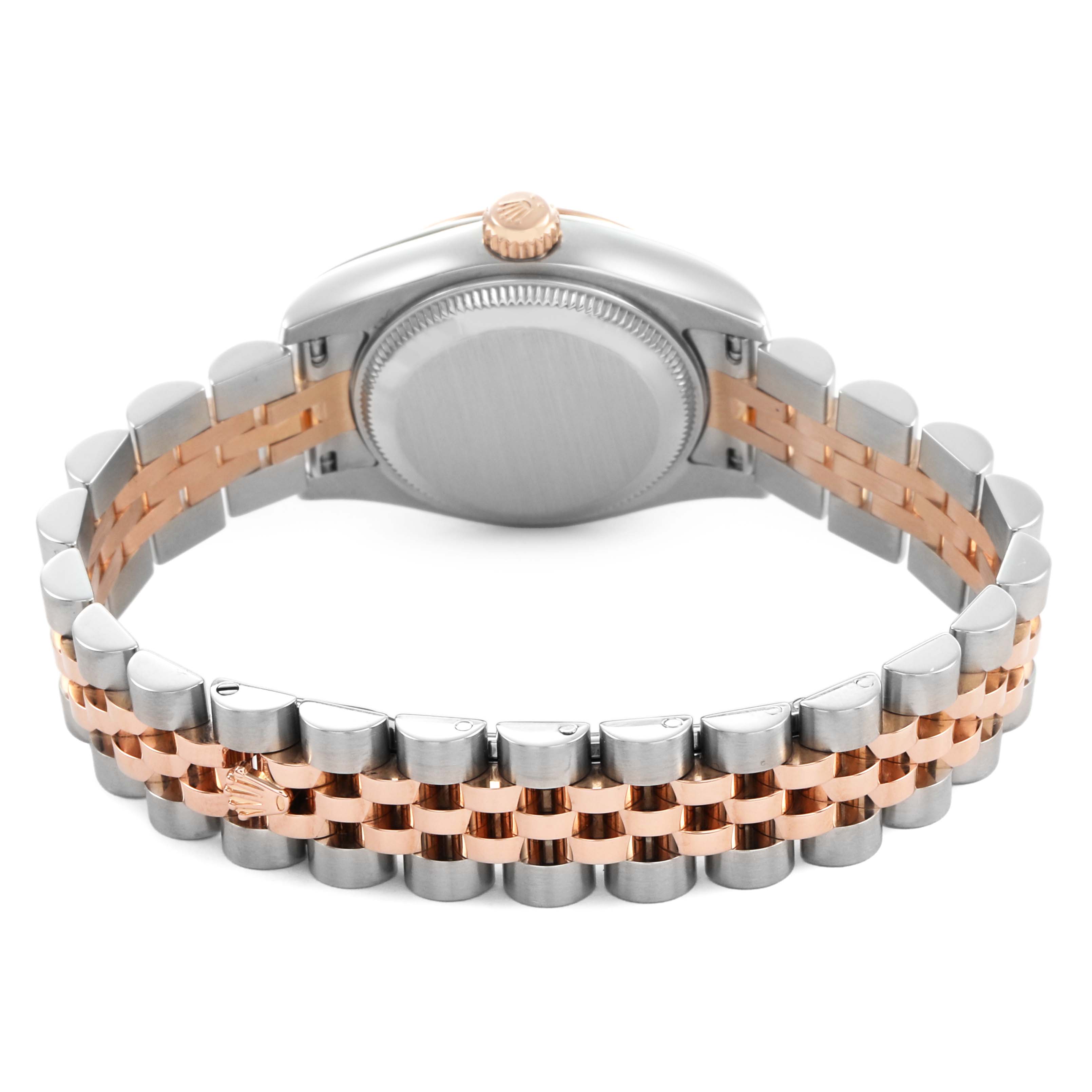 The image shows the back and bracelet of a Rolex Datejust 179171 Women's Steel and Gold (two tone) Pink Dial, highlighting its two-tone Jubilee strap and case back.