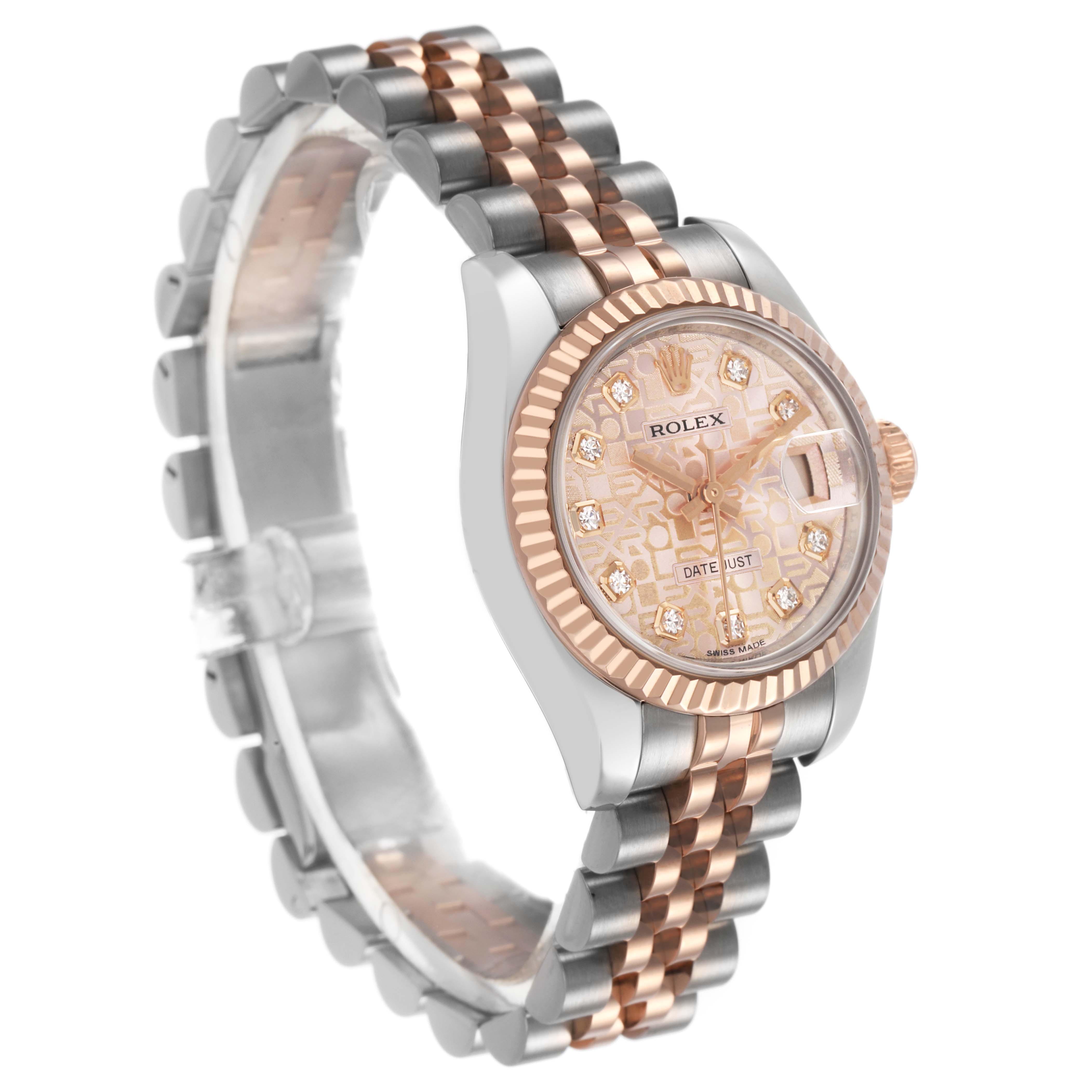The Rolex Datejust 179171 Women's Steel and Gold (two tone) Pink Dial watch is shown at a three-quarter angle, highlighting its dial, bezel, and bracelet.