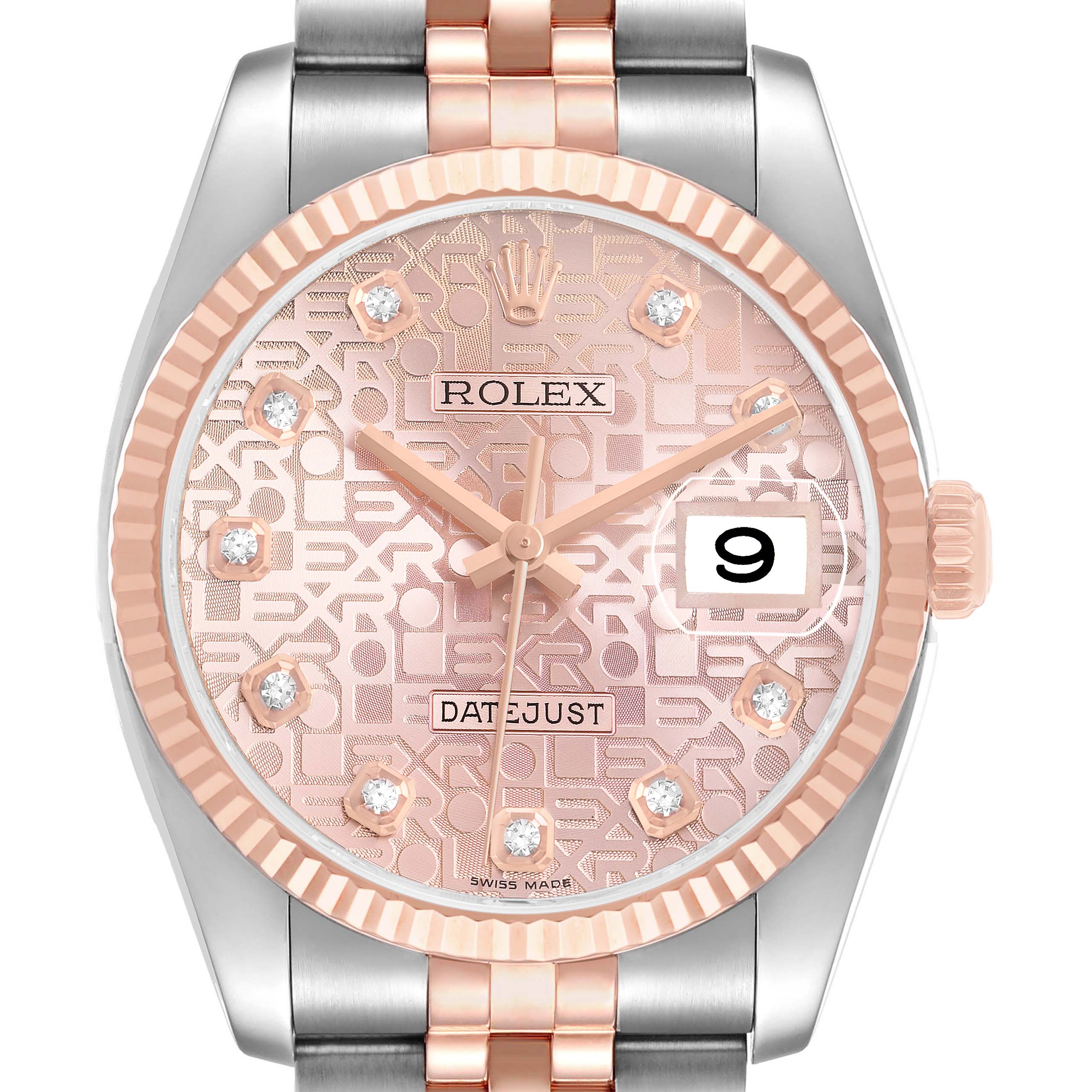 The Rolex Datejust 116231 Men's Steel and Gold (two tone) Pink Dial watch is shown from the front, displaying its dial, bezel, and part of the bracelet.
