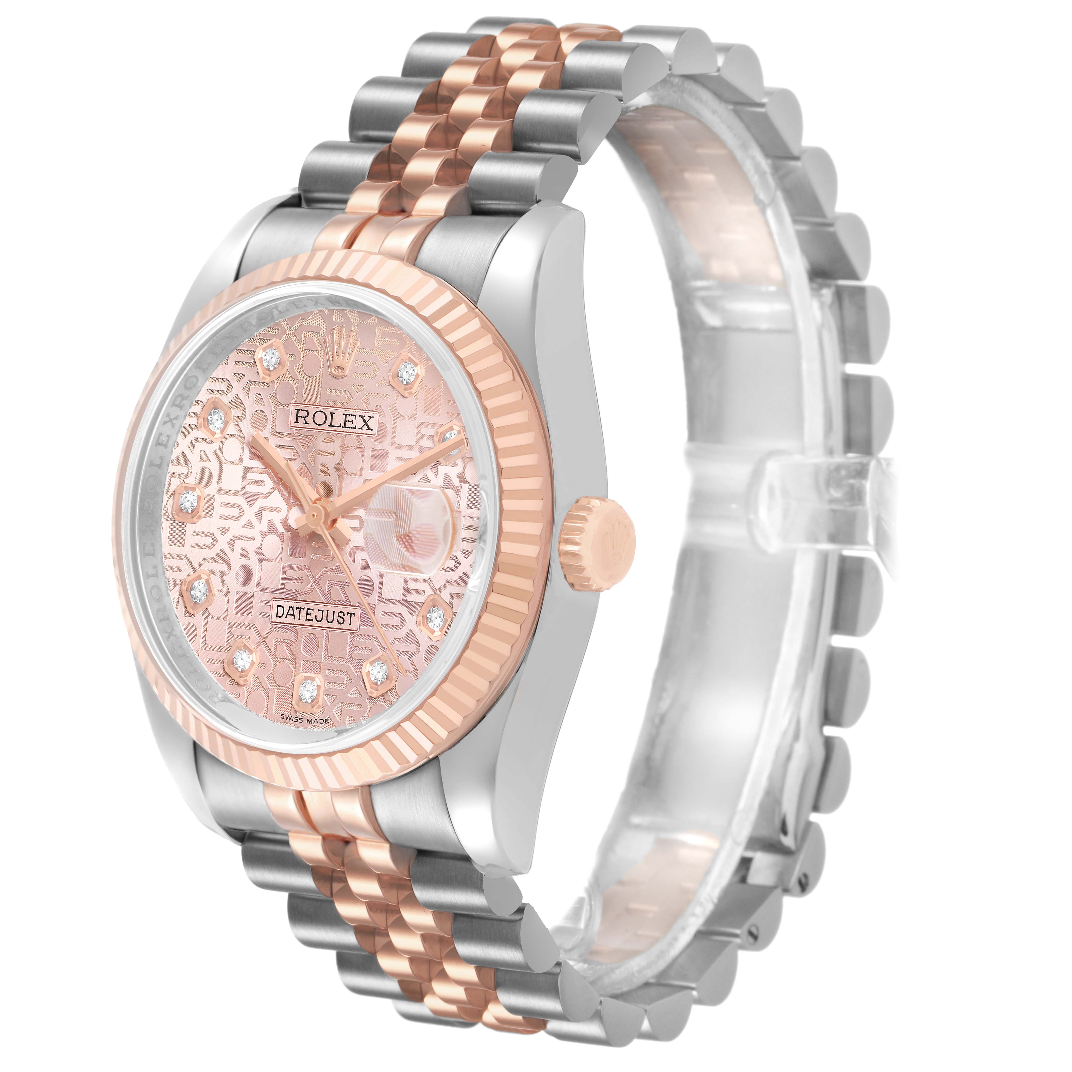 The Rolex Datejust 116231 Men's Steel and Gold (two tone) Pink Dial watch is shown at a slight angle, displaying the face, bezel, and two-tone bracelet.