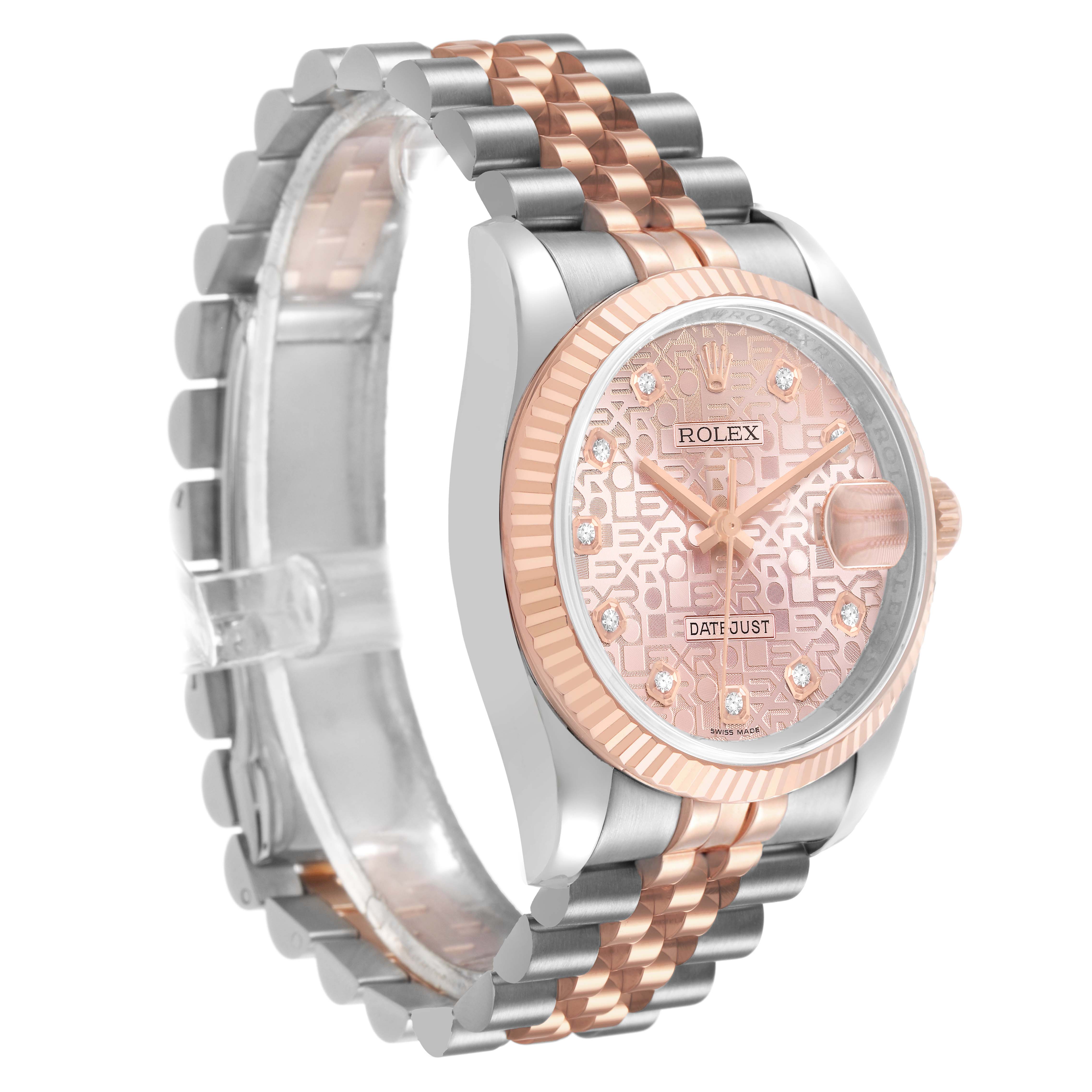 The Rolex Datejust 116231 Men's Steel and Gold (two tone) Pink Dial watch is shown at a slight angle, highlighting the dial, fluted bezel, and Jubilee bracelet.