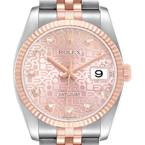 The Rolex Datejust 116231 Men's Steel and Gold (two tone) Pink Dial watch is shown from the front, displaying the dial, hands, bezel, and part of the bracelet.