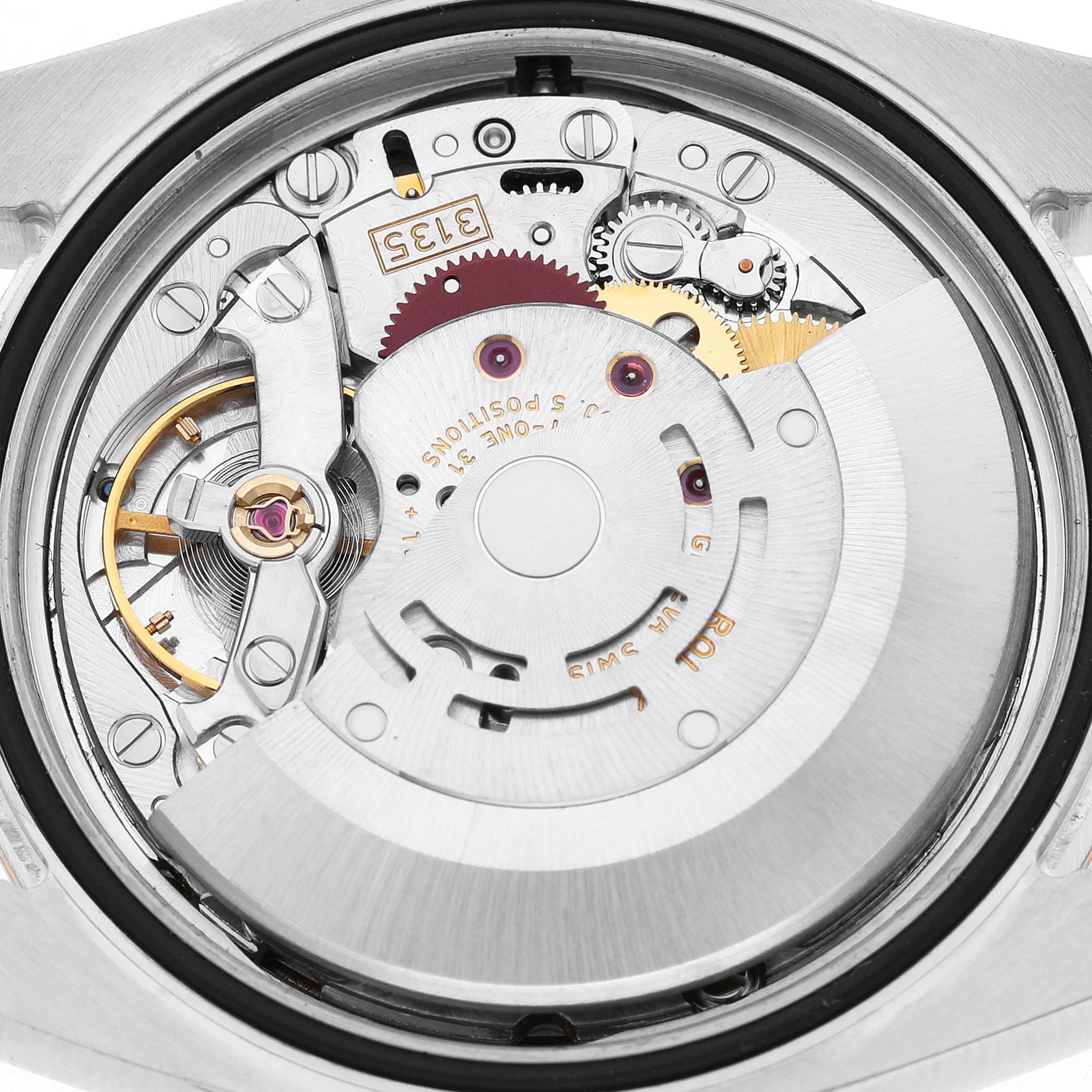 The image shows the back view of a Rolex Datejust 116231 Men's Steel and Gold (two tone) Pink Dial, displaying the intricate movement and rotor mechanism.