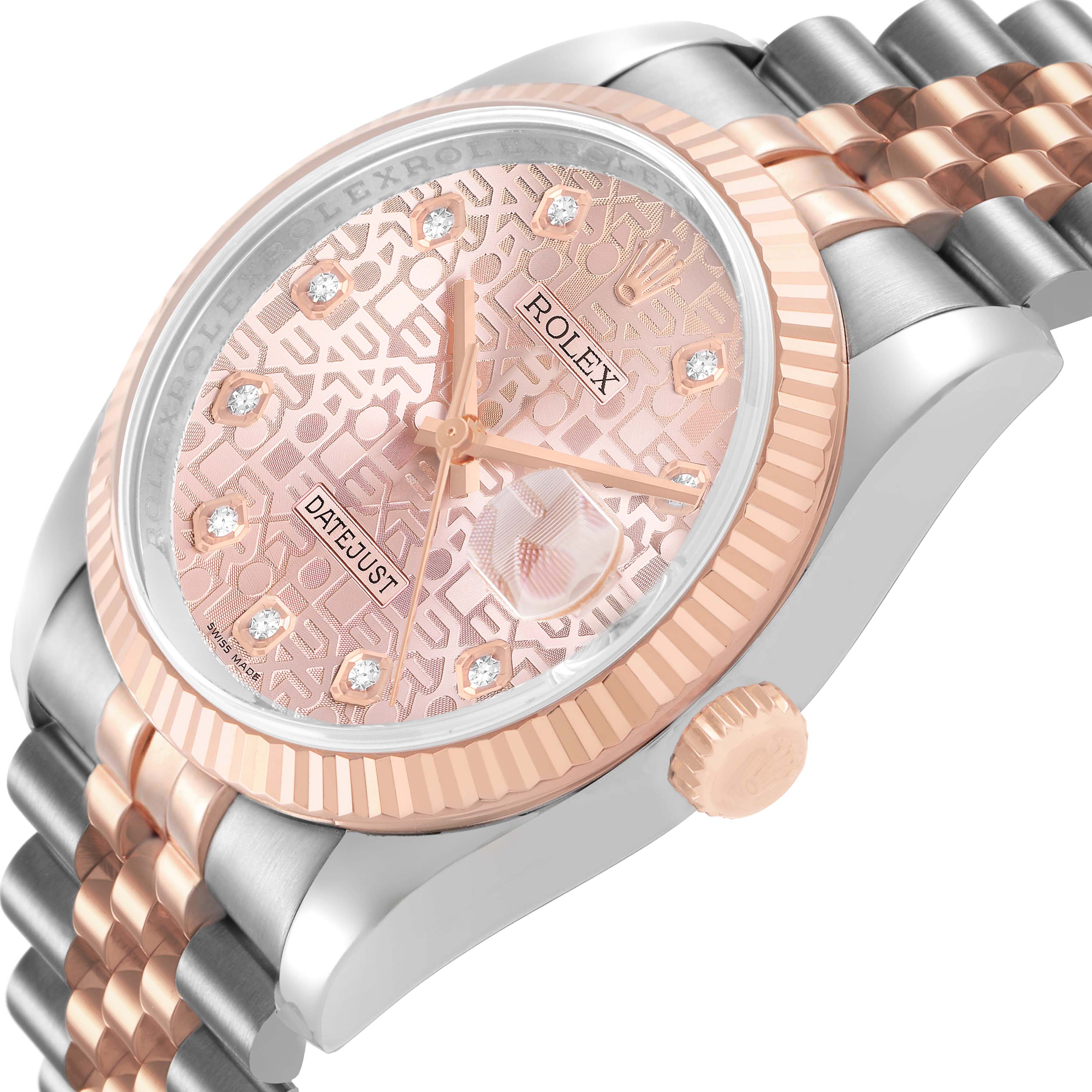 The Rolex Datejust 116231 Men's Steel and Gold (two tone) Pink Dial watch is shown at an angle highlighting the bezel, face, crown, and two-tone bracelet.