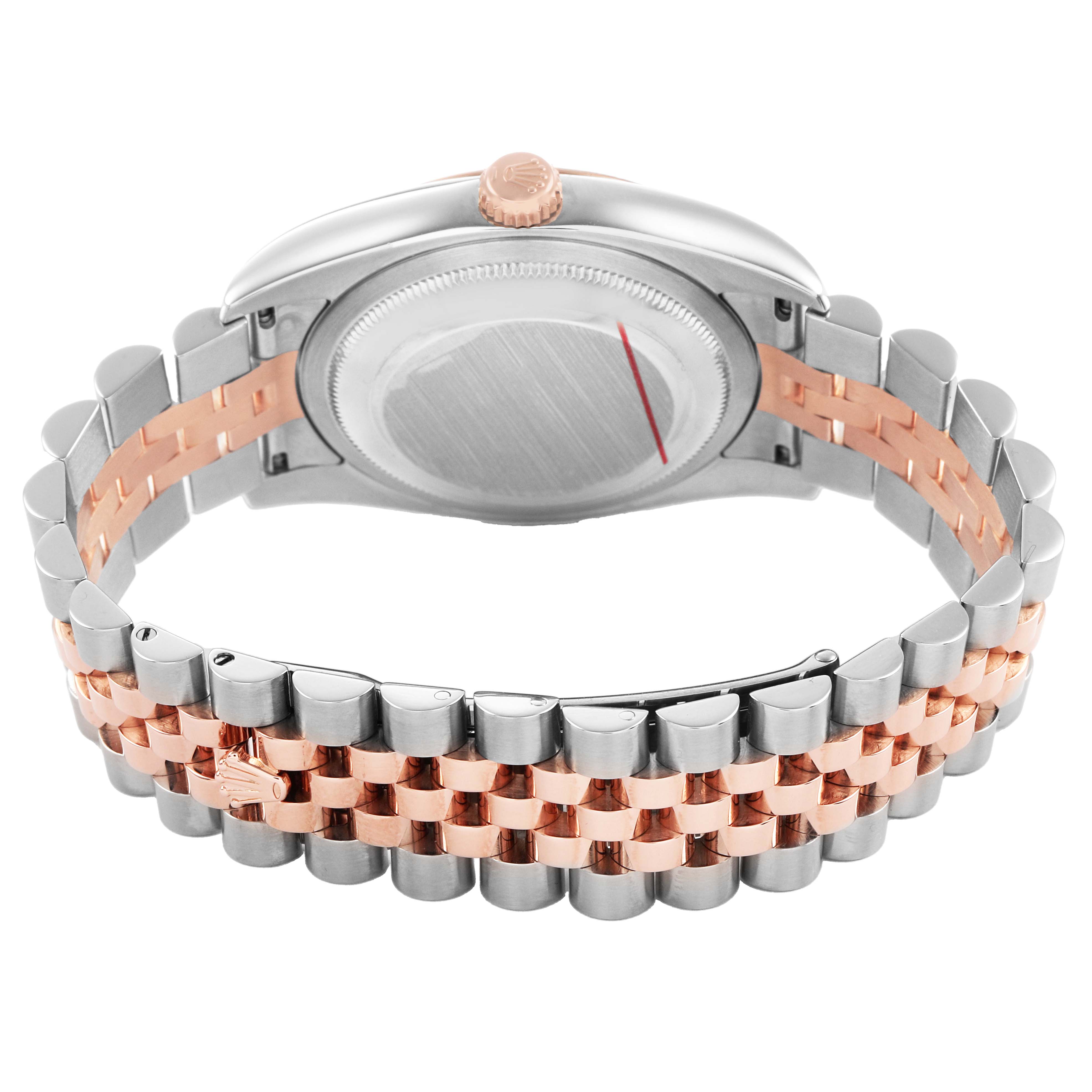 The image shows the Rolex Datejust 116231 Men's Steel and Gold (two tone) Pink Dial watch from the back, highlighting its case back, crown, and two-tone Jubilee bracelet.