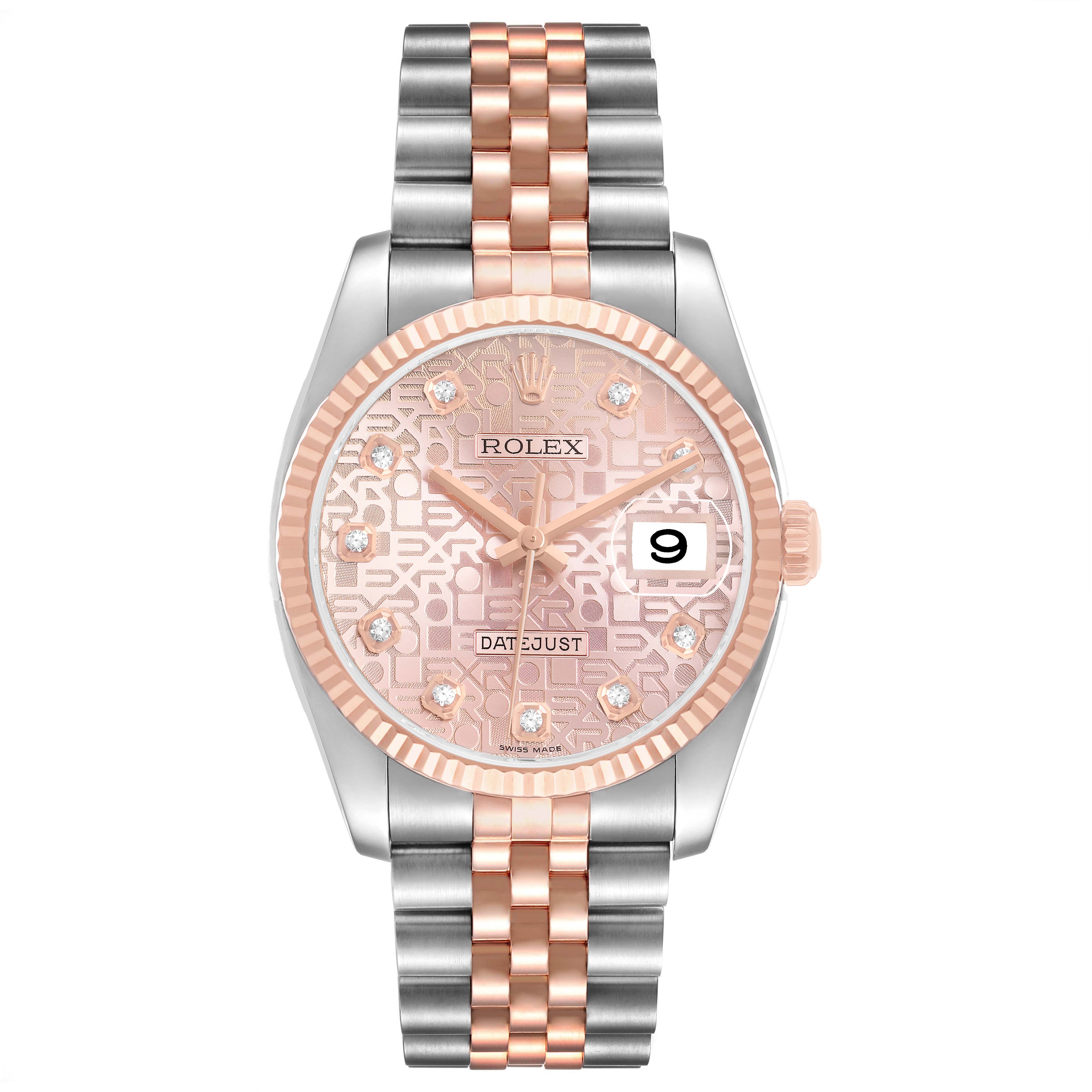 The Rolex Datejust 116231 Men's Steel and Gold (two tone) Pink Dial watch is shown from a front angle, displaying its dial, bezel, hands, and two-tone bracelet.