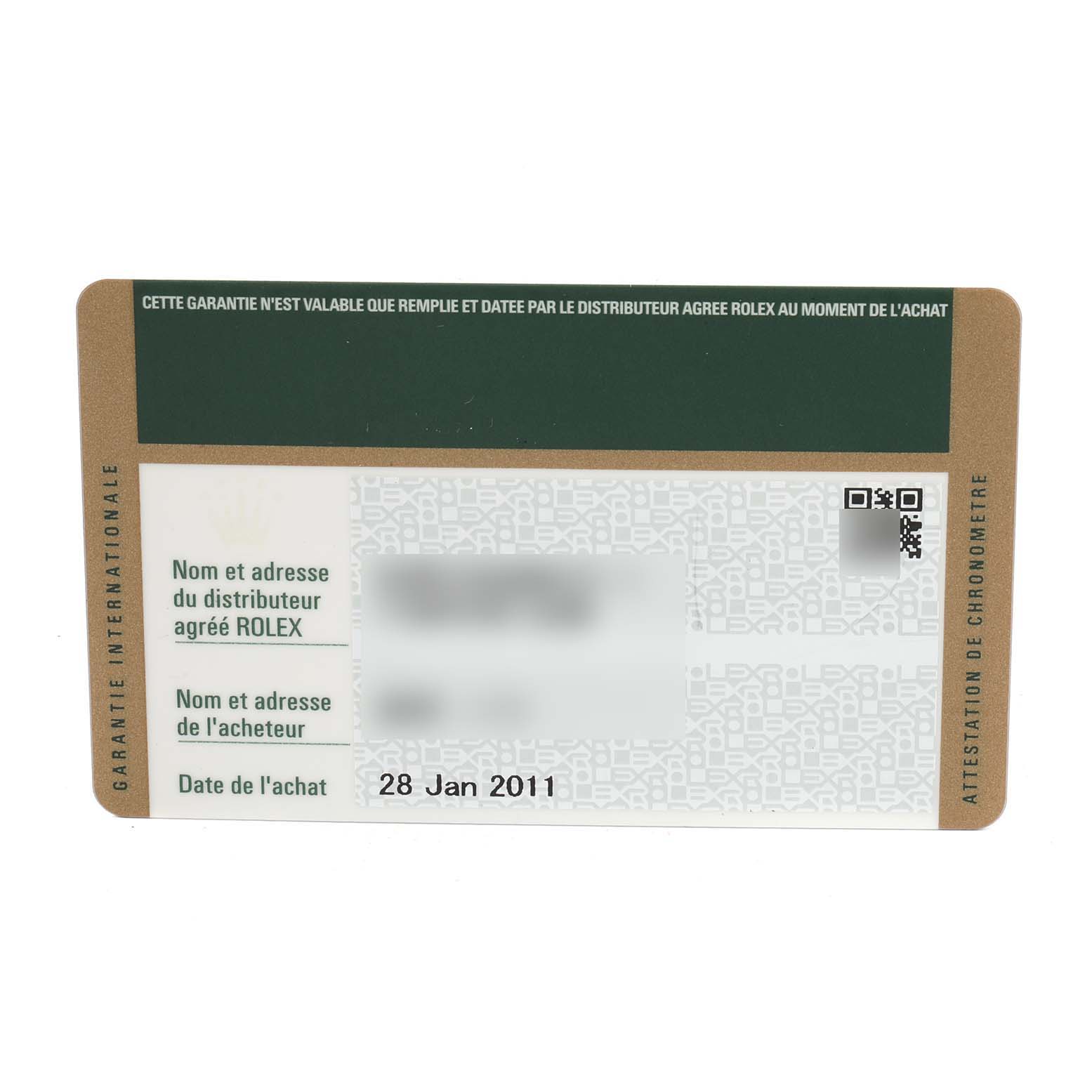 This image shows a warranty card for the Rolex Datejust 179174 Women
s Stainless Steel Silver Dial 179174 Women
s Stainless Steel Silver Dial model, featuring purchase and distributor details.