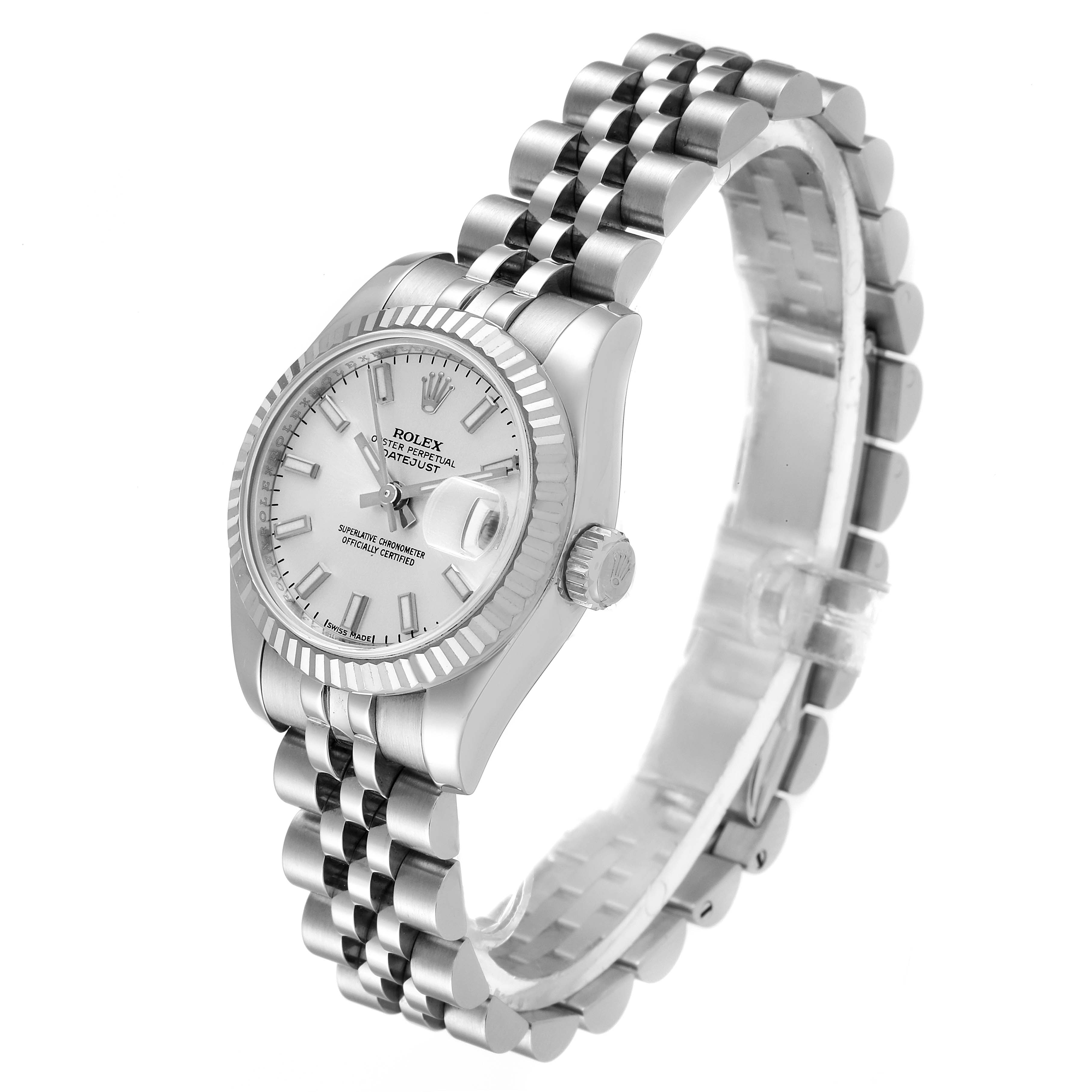 The image shows a side profile and face of a Rolex Datejust 179174 Women
s Stainless Steel Silver Dial 179174 Women
s Stainless Steel Silver Dial watch with a silver dial and jubilee bracelet.