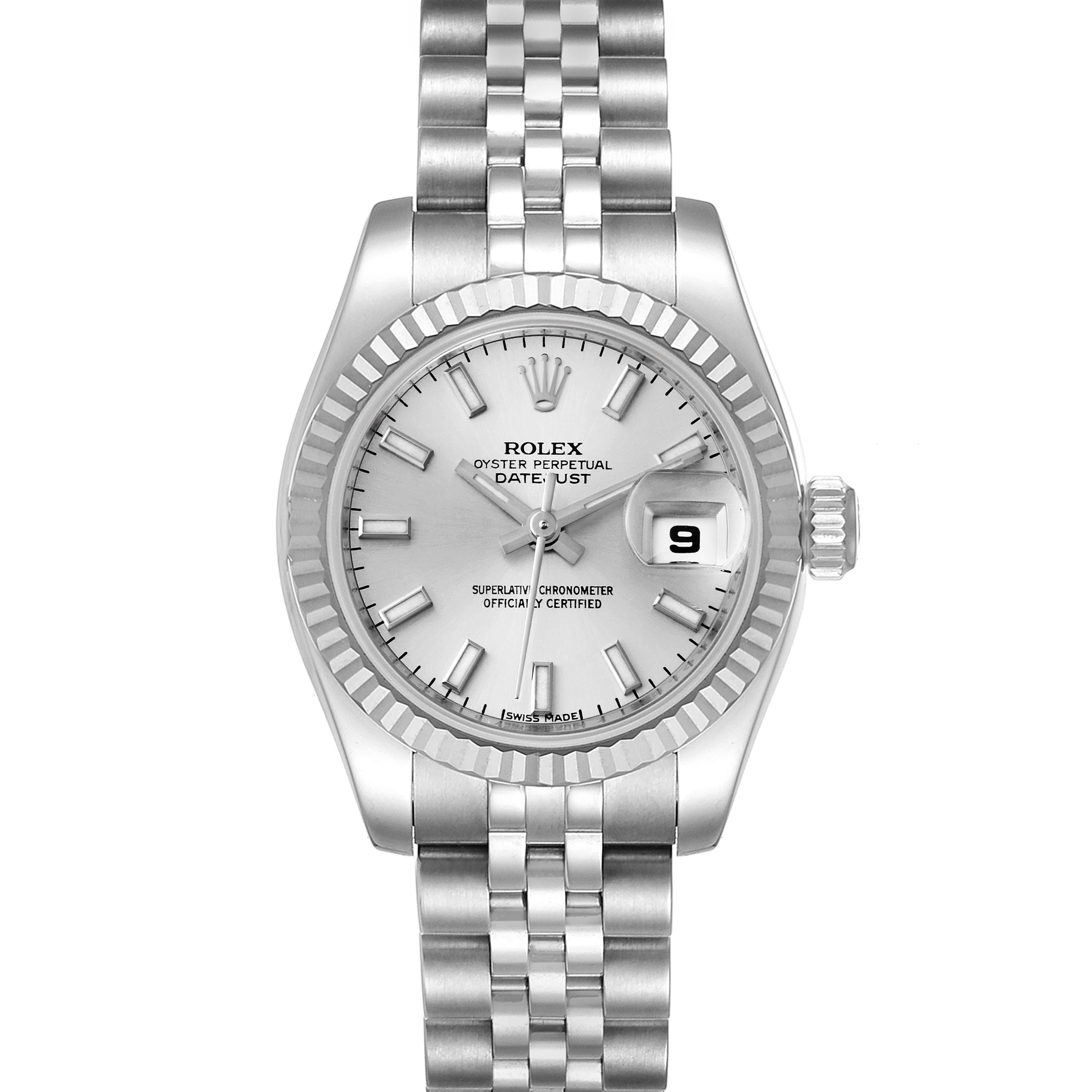 The image shows a front view of a Rolex Datejust 179174 Women
s Stainless Steel Silver Dial 179174 Women
s Stainless Steel Silver Dial watch, featuring its dial, bezel, crown, and bracelet.