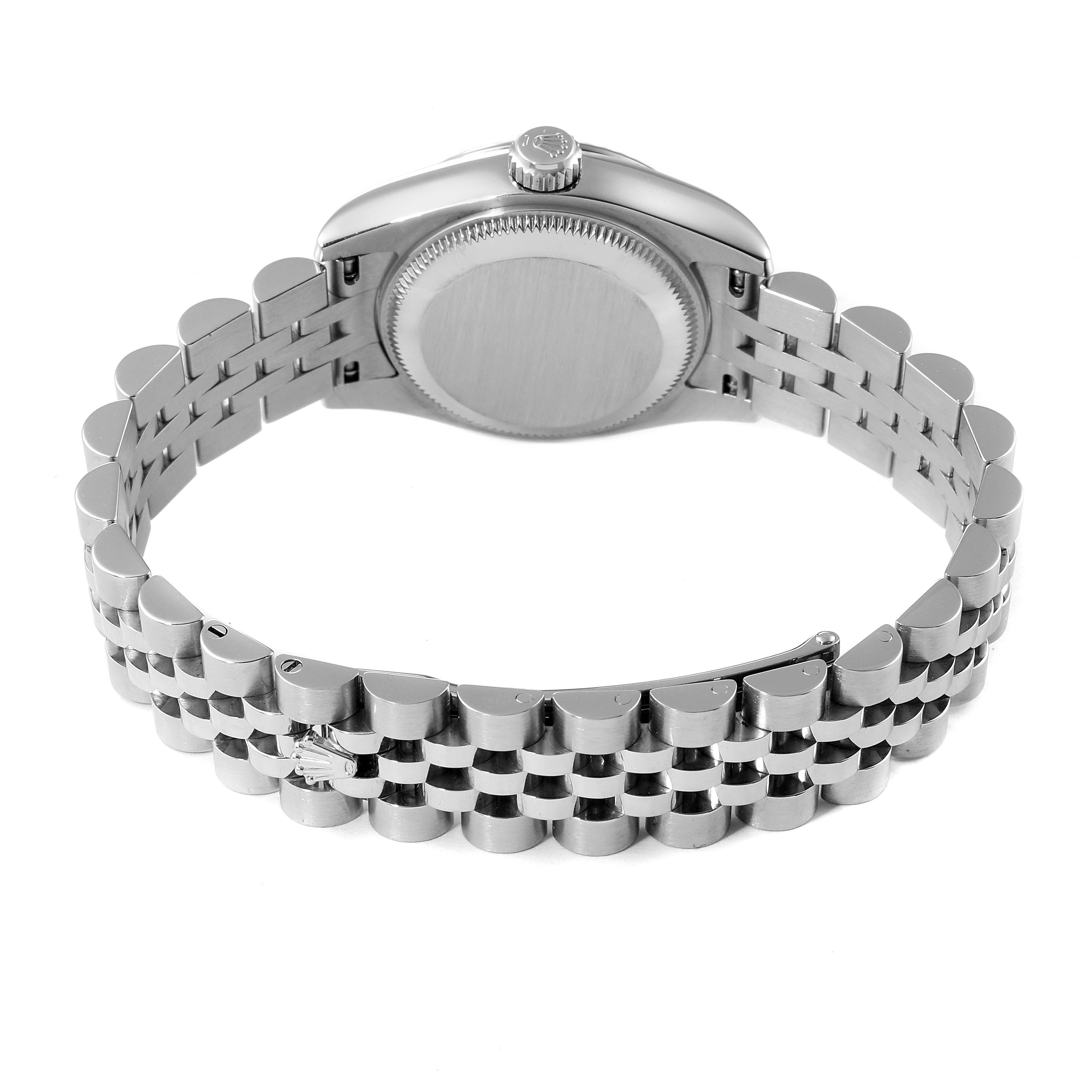 The image shows the back view of a Rolex Datejust 179174 Women
s Stainless Steel Silver Dial 179174 Women
s Stainless Steel Silver Dial watch, highlighting its case back, crown, and bracelet links.