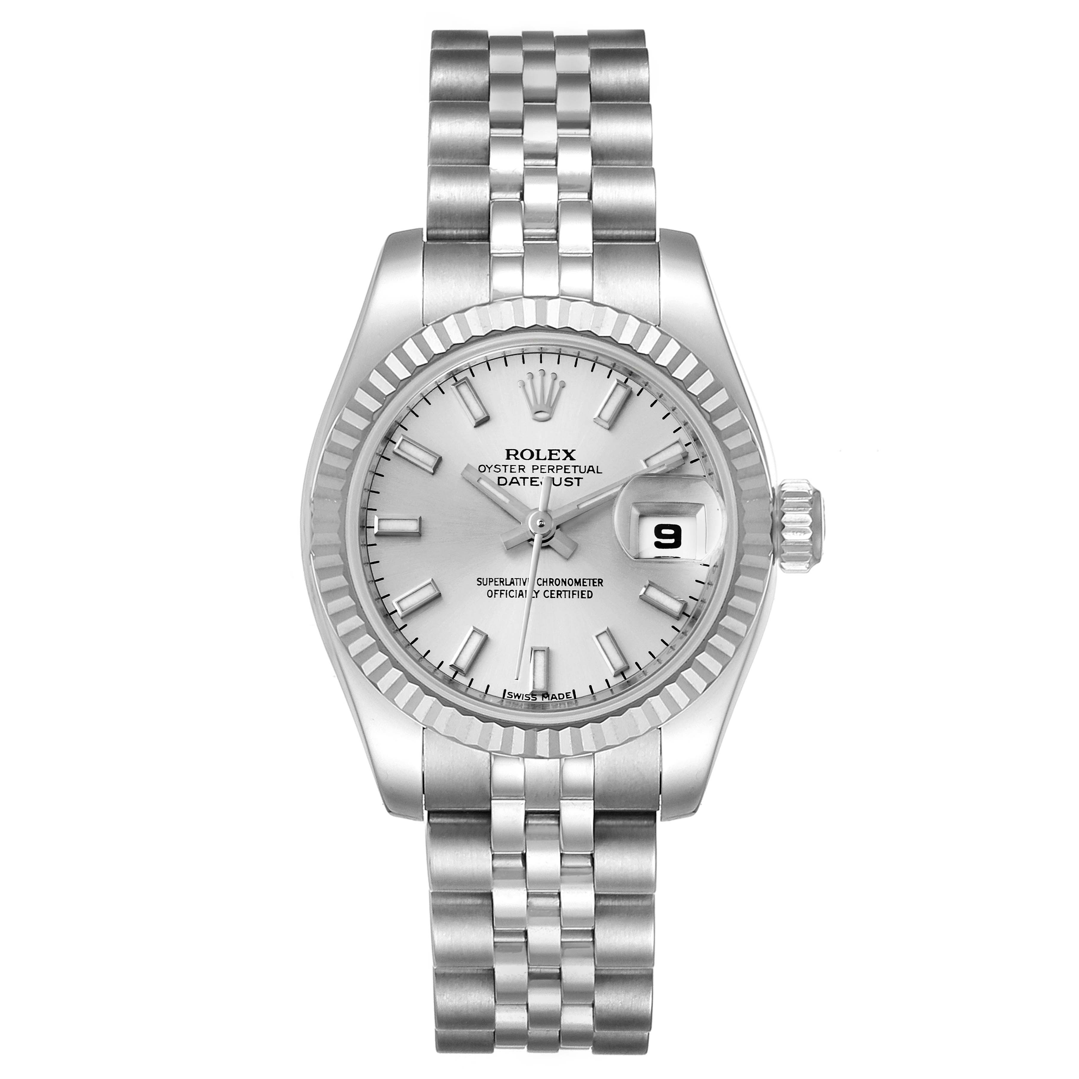The image shows a front view of a Rolex Datejust 179174 Women
s Stainless Steel Silver Dial 179174 Women
s Stainless Steel Silver Dial watch, highlighting its face, bezel, and bracelet.