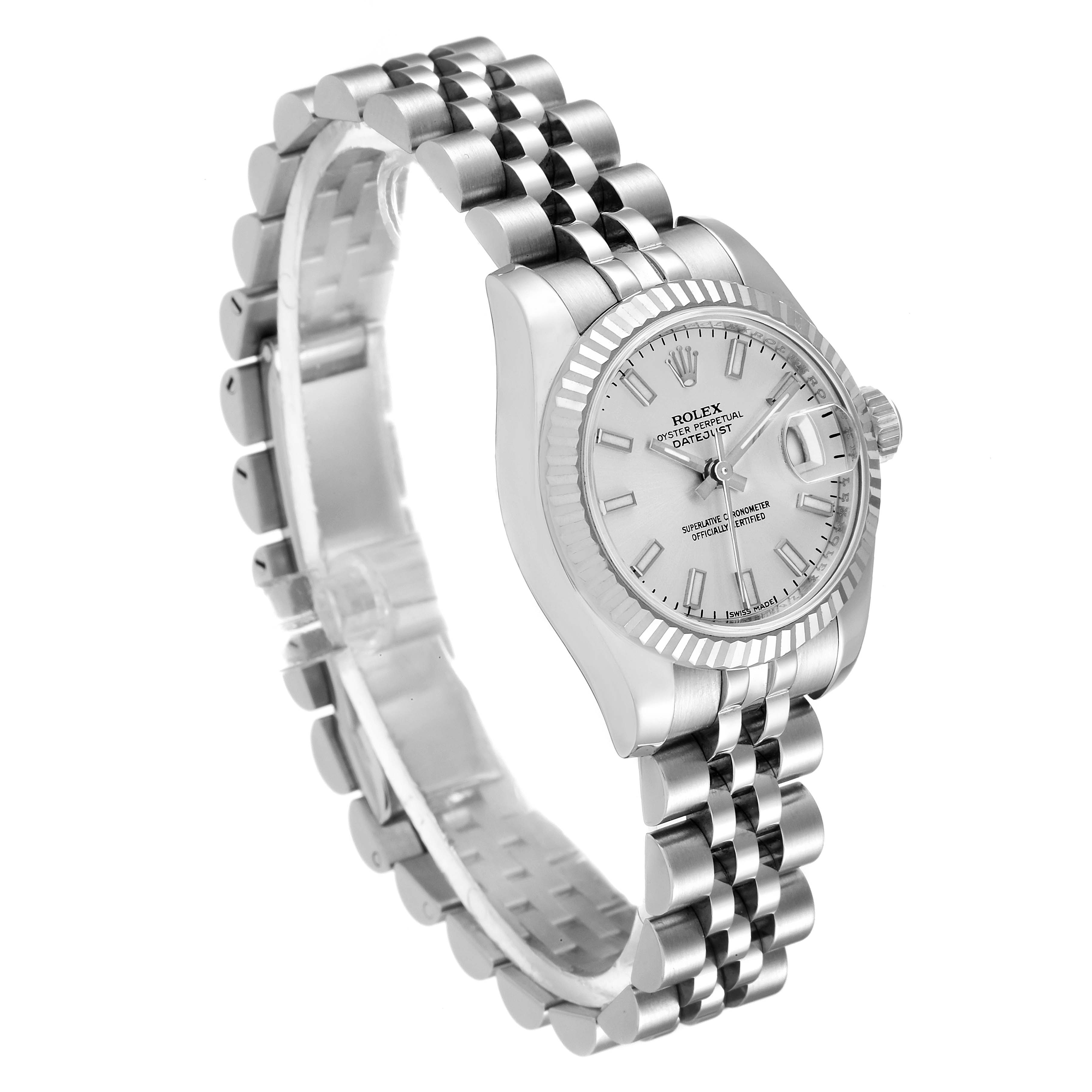 This is a Rolex Datejust 179174 Women
s Stainless Steel Silver Dial 179174 Women
s Stainless Steel Silver Dial watch shown at a slight angle, displaying its dial, bezel, and bracelet.