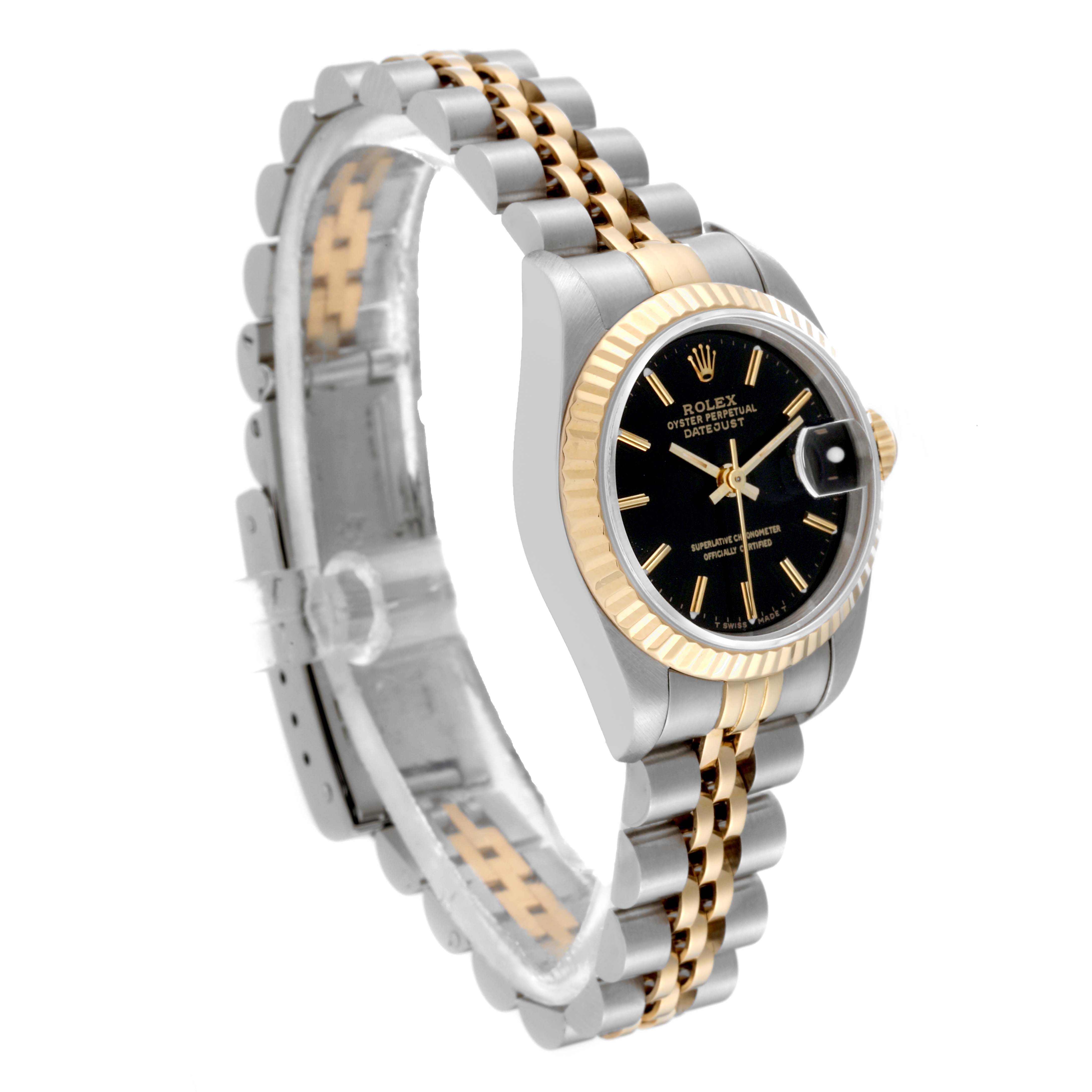 The image shows a Rolex Datejust 69173 Women's Steel and Gold (two tone) Black Dial 69173 Women's Steel and Gold (two tone) Black Dial watch from an angled side view, highlighting its two-tone bracelet and black dial.